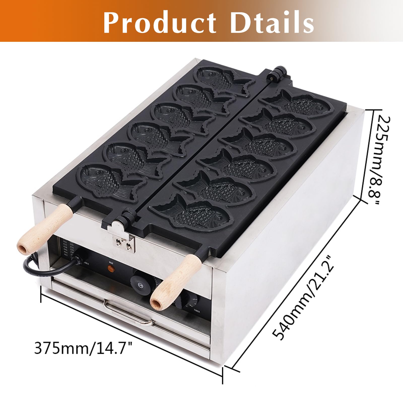DYRABREST Commercial Electric Taiyaki Fish Waffle Maker Machine - 6 Non-Stick Stainless Steel Plates for Perfect Fish-Shaped Waffles - Ideal for Restaurants, Cafes, Snack Shops & Food Stalls - Make Delicious Street Food & Desserts at Home or Business
