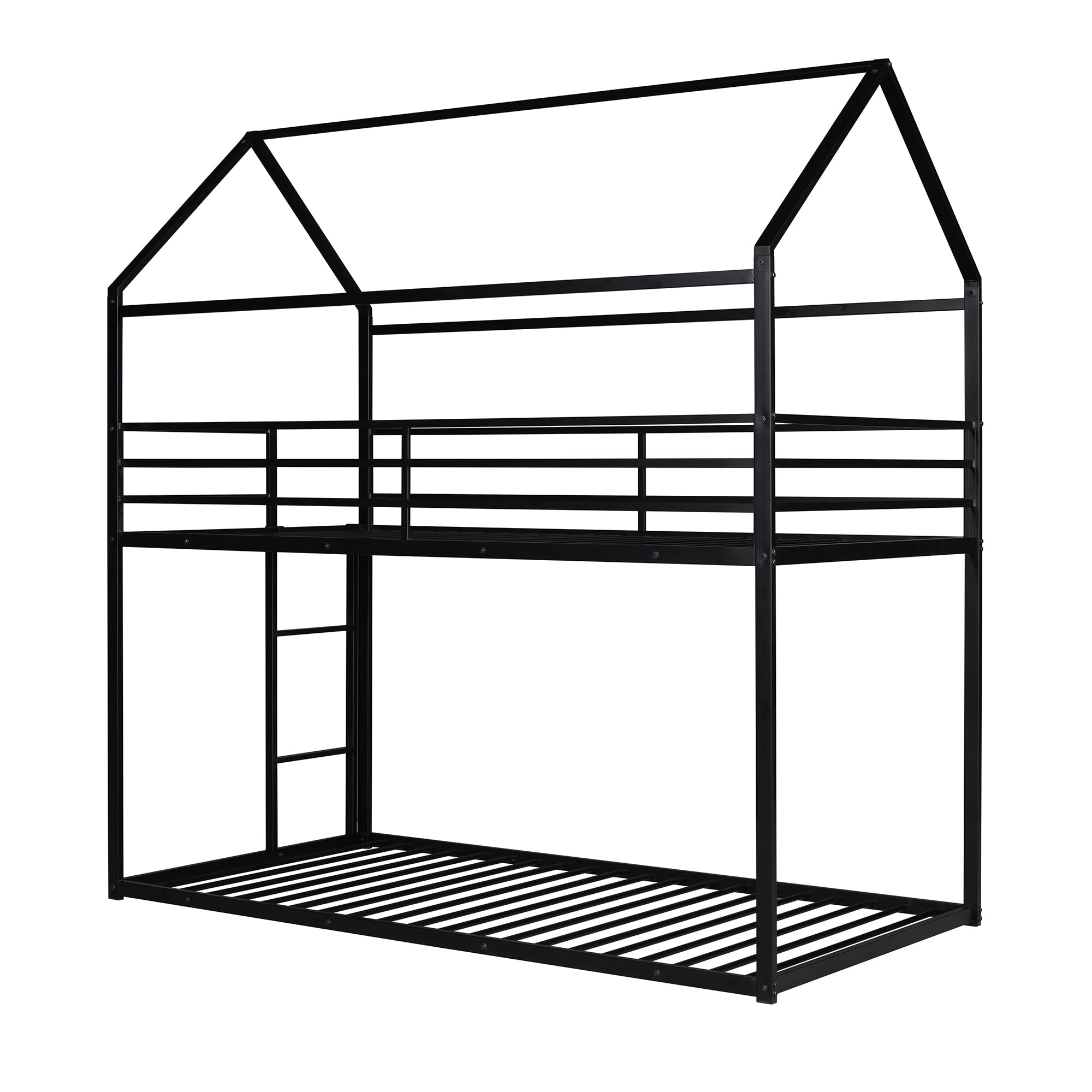 Sturdy Metal Twin Over Twin Bunk Beds for Kids with Roof - Heavy Duty Floor Bunk Bed for Boys & Girls - No Box Spring Needed - Black - Perfect for Small Bedrooms, Shared Kids Rooms & Sleepovers