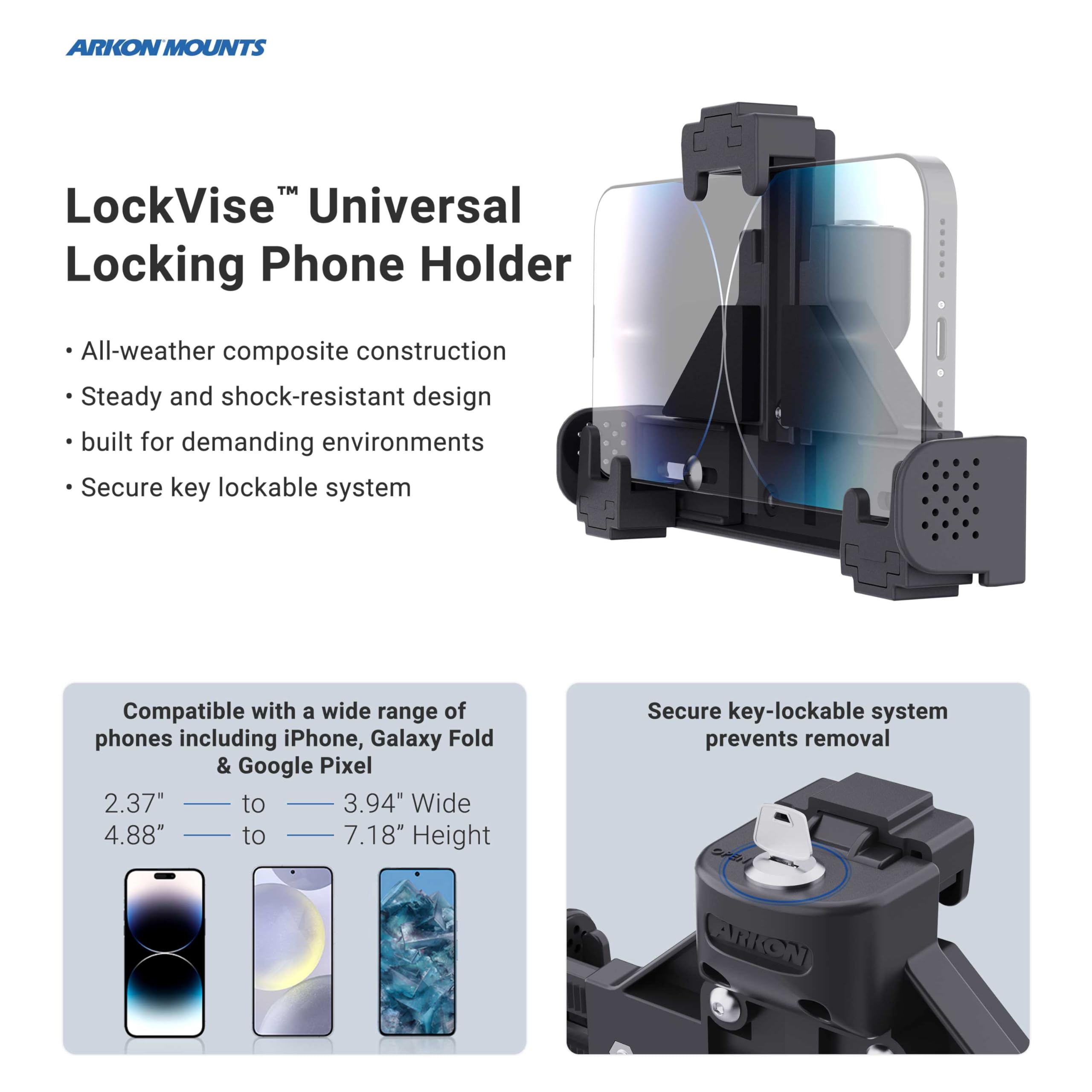 ARKON Heavy Duty Locking Phone Mount with 4-Hole Metal AMPS Drill Base - Secure Smartphone Holder for Trucks, Cars & Work Vehicles