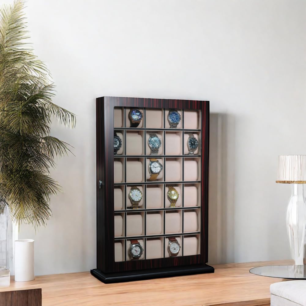 30-Piece Ebony Wood Personalized Watch Display Case - Wall Hanging Storage Organizer Box & Stand for Luxury Watch Collectors - Perfect for Home, Office, or Retail Store Display