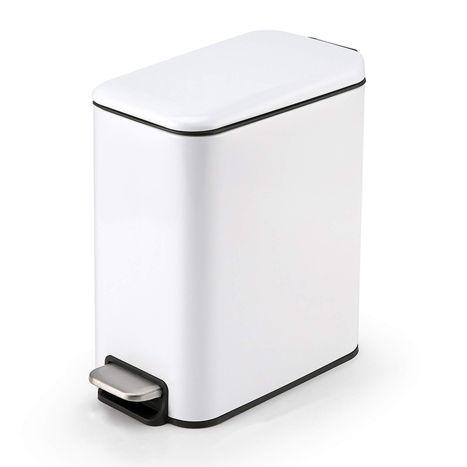 Stainless Steel Narrow Trash Can with Pedal Lid - 5L/1.3 Gallon Small Garbage Bin for Bathroom, Living Room & Tight Spaces - Perfect for Homes, Offices & Apartments (White)
