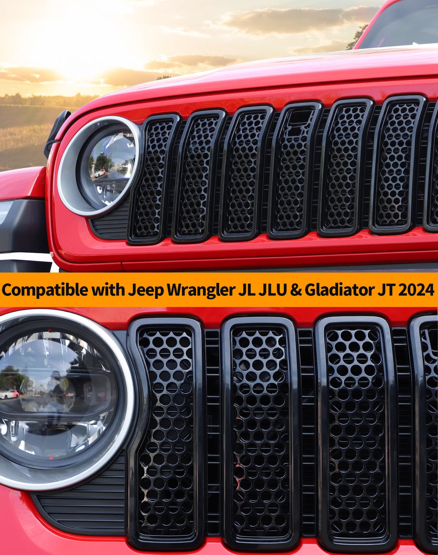 Hoolcar Black Front Grill Insert Cover Trim Kit - Honeycomb Grille Guard with Camera Hole for 2024 Jeep Wrangler JL & JLU (7-Piece Set) | Exterior Accessories for Off-Road Protection & Style Upgrade