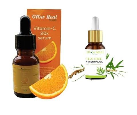 GRNL GLOW REAL NATURALS Vitamin-C 20x Face Serum (15ml) & Tea Tree Essential Oil (10ml) - Brightening, Spot Reduction Skincare Set for All Skin Types | Daily Glow Boost & Acne Treatment | Perfect for Morning Routine & Night Care