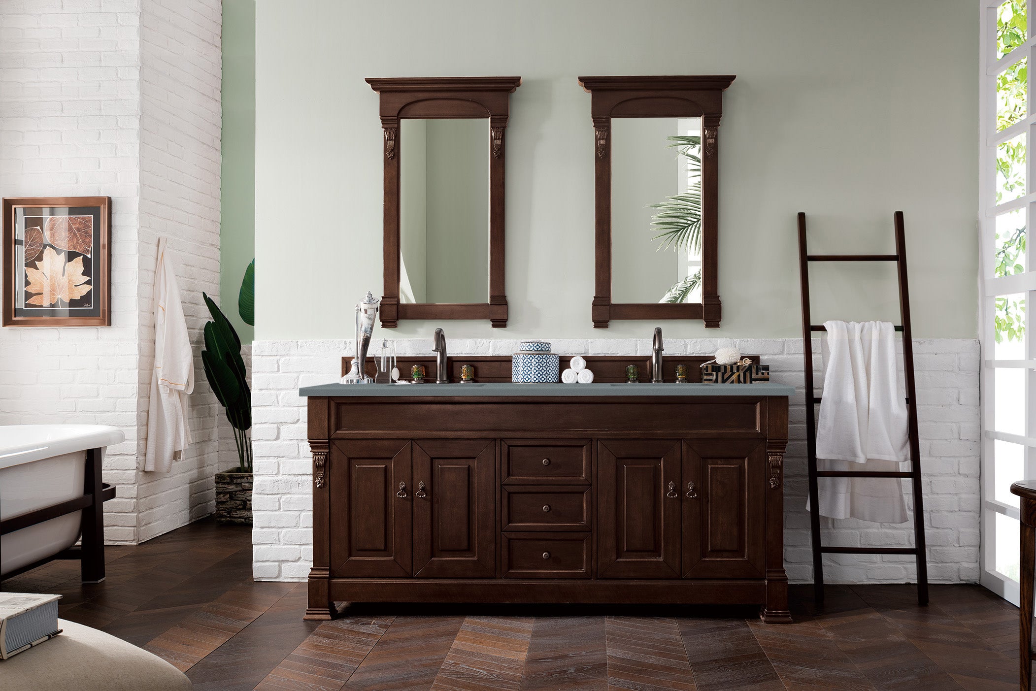 Brookfield 72 Inch Double Vanity with Burnished Mahogany Finish & 3CM Calacatta Blue Quartz Countertop - Perfect for Master Bathroom or Luxury Home Renovation