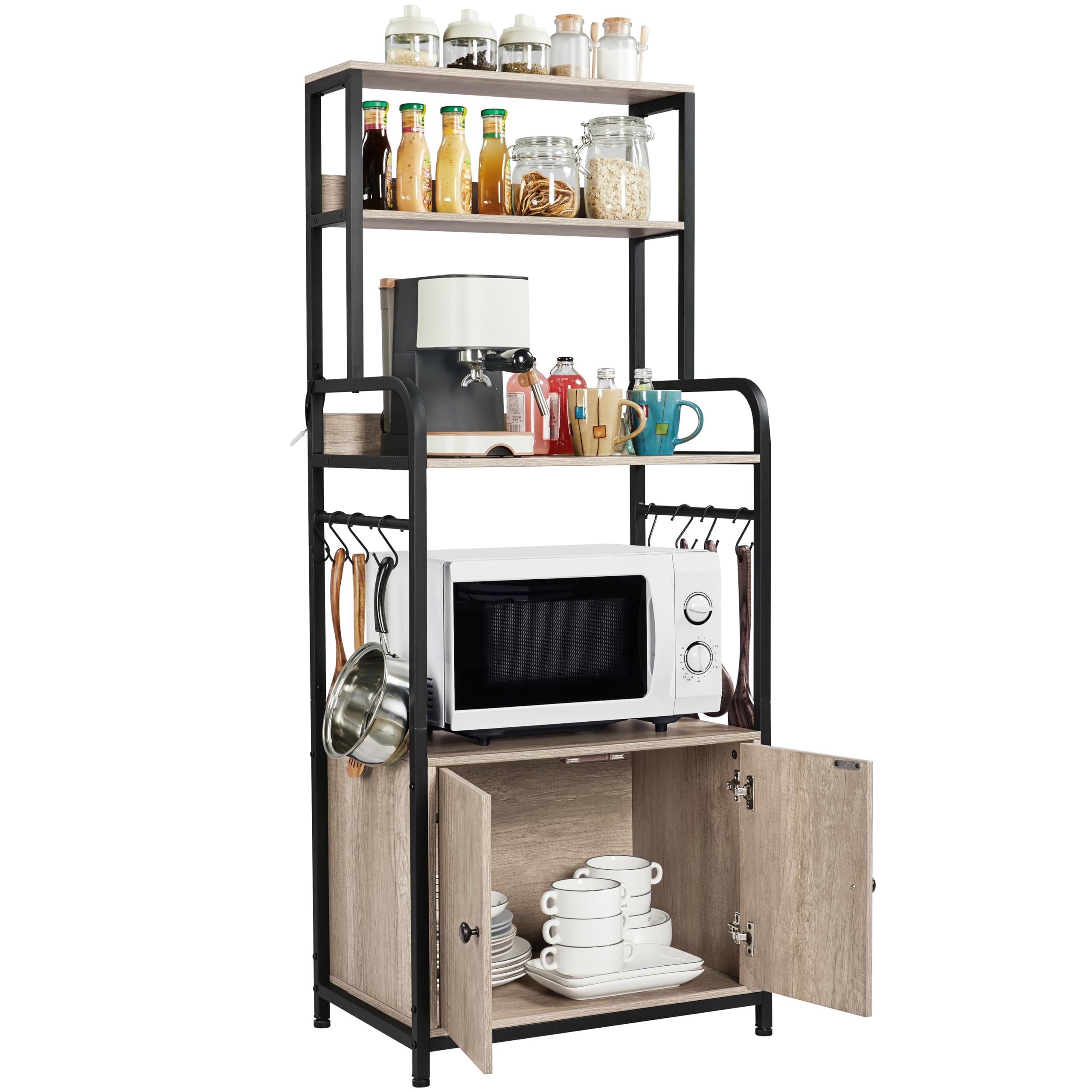 Yaheetech 4-Tier Kitchen Bakers Rack with Storage Cabinet & Hutch - Microwave Stand, Coffee Bar & Pantry Organizer with 8 S-Hooks - Freestanding Kitchen Shelves & Spice Rack in Gray - Perfect for Small Kitchens, Dining Rooms & Home Organization