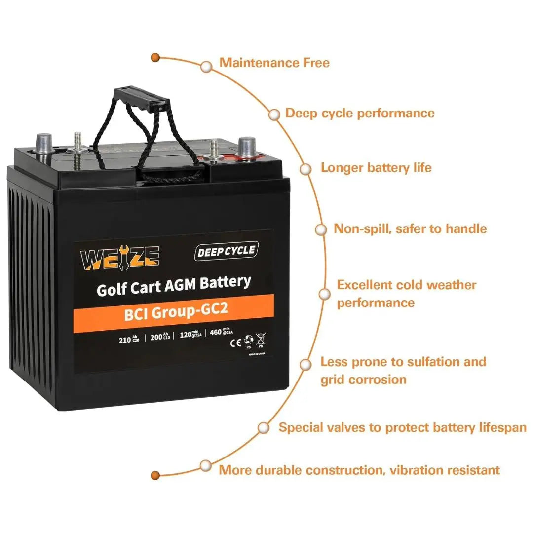 WEIZE 6V 210Ah AGM Deep Cycle Battery - BCI Group GC2 Golf Cart Battery for Golf Carts, RVs, Solar Systems & Marine Applications