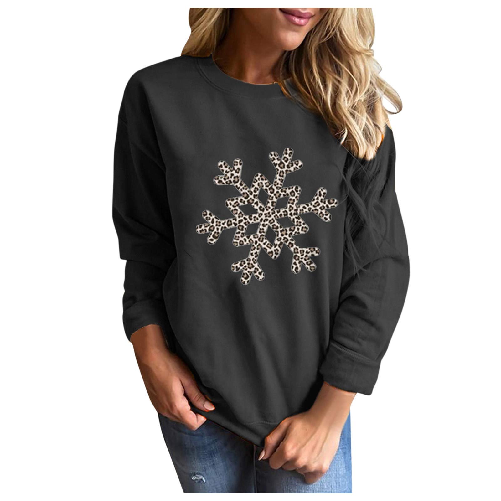 Posijego Women's Fall Winter Cotton Sweatshirt - Cozy Long Sleeve Leopard Print Pullover for Christmas Holiday | Casual Outfit, Streetwear Fashion, Lounge Wear, Gift for Her