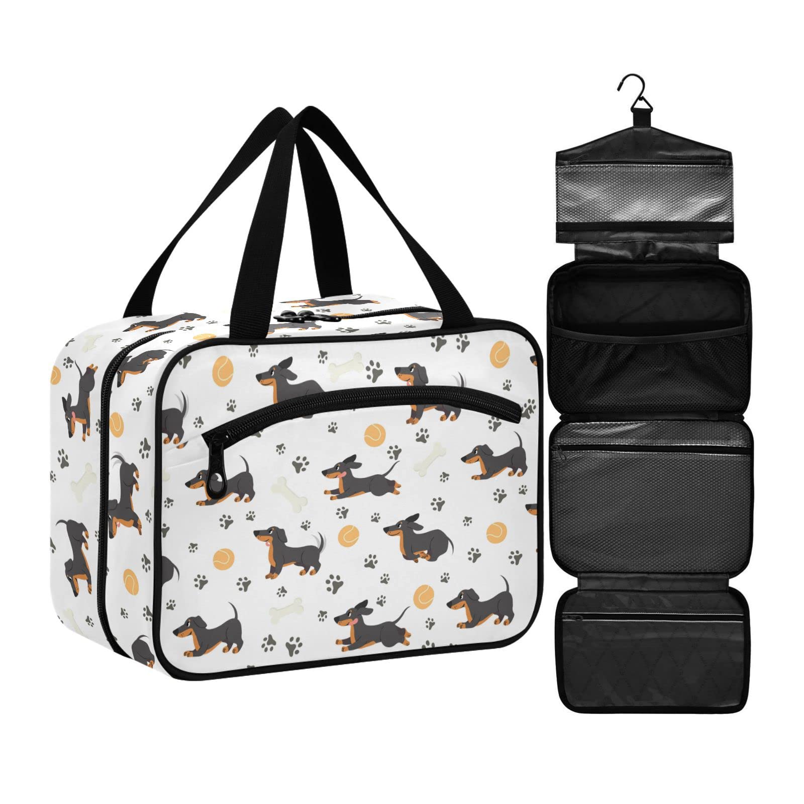 ZZKKO Large Travel Toiletry Bag for Women - Waterproof Hanging Cosmetic Organizer with Dachshund Dog Design - Perfect for Makeup, Toiletries & Accessories on Vacation, Gym or Business Trips (Multicolor)