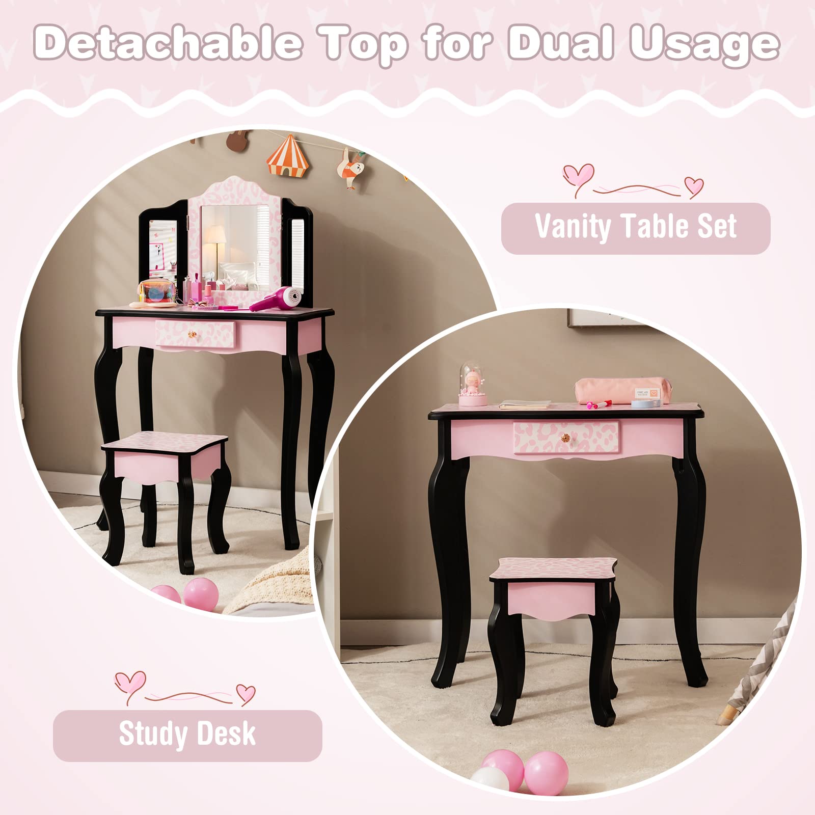 Honey Joy Kids Vanity Set with Mirror & Stool - Pink Leopard for Girls Bedroom