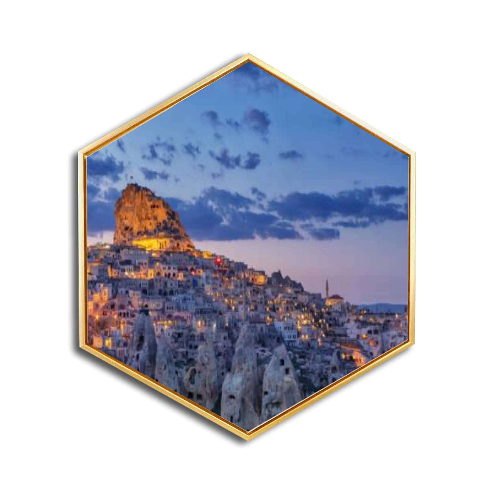 Uchisar Cappadocia Turkey Canvas Wall Art - Golden Framed Giclee Print, Minimalist Modern Hexagon Wall Decor for Home & Office - Ready to Hang - Perfect for Living Room, Bedroom & Workspace Decor