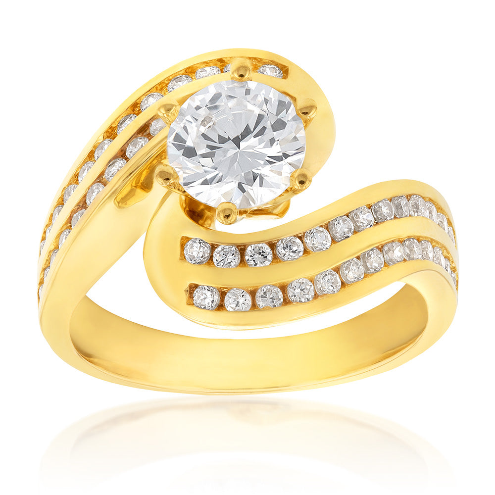 9ct Yellow Gold 2 Row Cubic Zirconia Twist Solitaire Ring for Women - Elegant Stackable Wedding Band, Anniversary Gift, Promise Ring for Her - Perfect for Engagement, Valentine's Day & Special Occasions