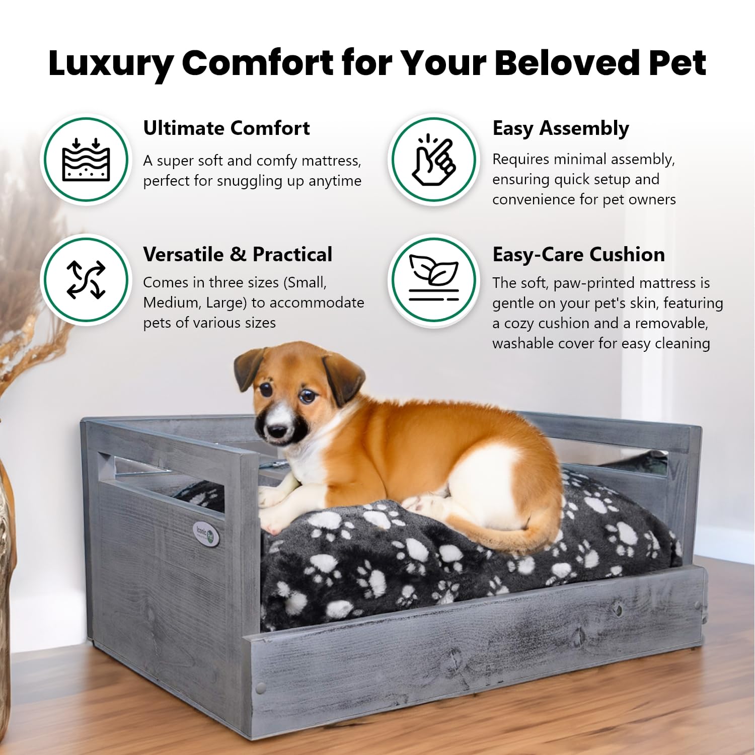 **Premium Wooden Pet Bed with Paw Print Cushion - Antique Gray Dog & Cat Bed in Multiple Sizes - Cozy & Durable for Indoor & Outdoor Use**