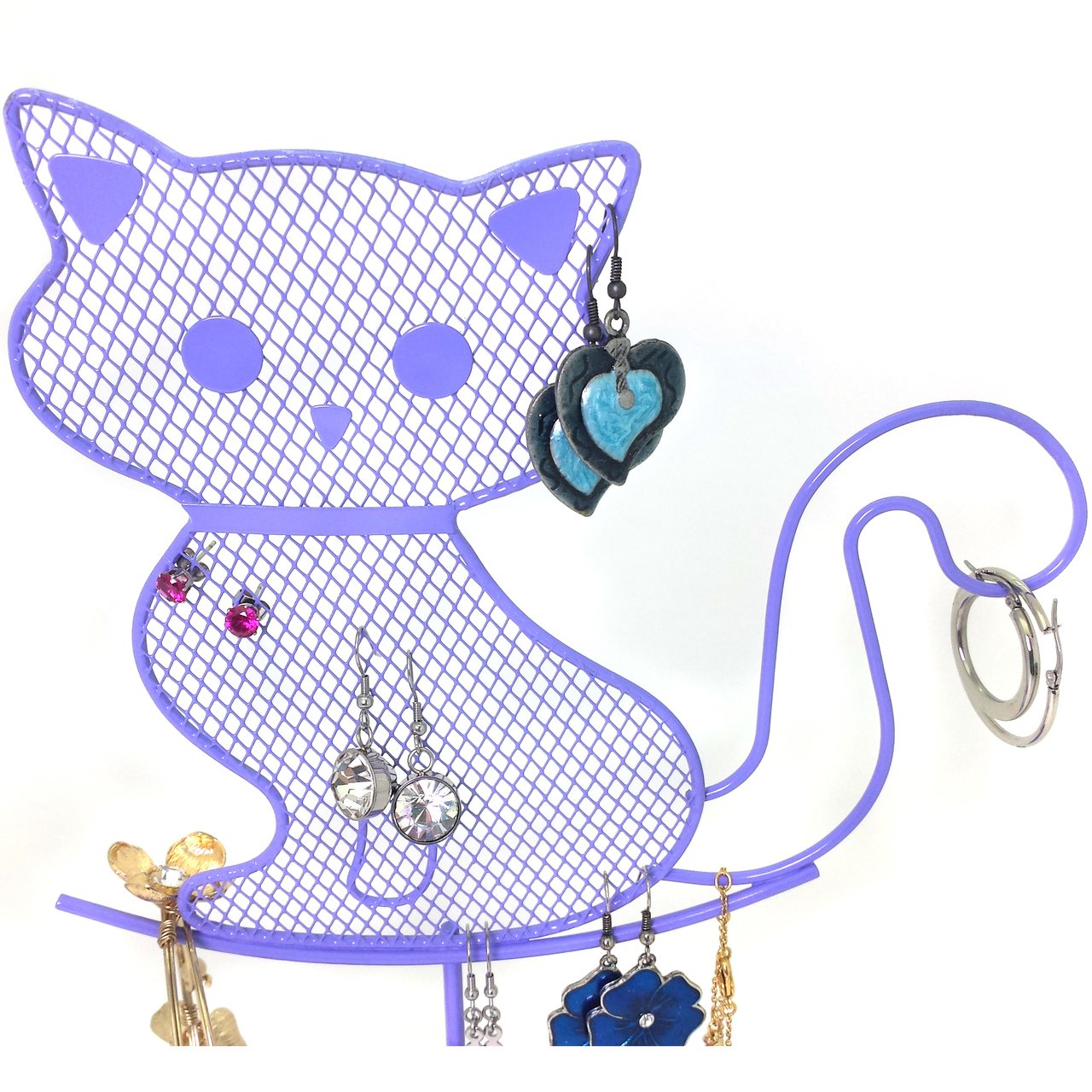Bucasi Cute Cat Jewelry Organizer - Purple Earring Stand & Necklace Holder - Lavender Dresser Top Jewelry Storage for Women & Teens - Perfect for Bedroom Vanity, Bathroom Counter & Travel Jewelry Organization
