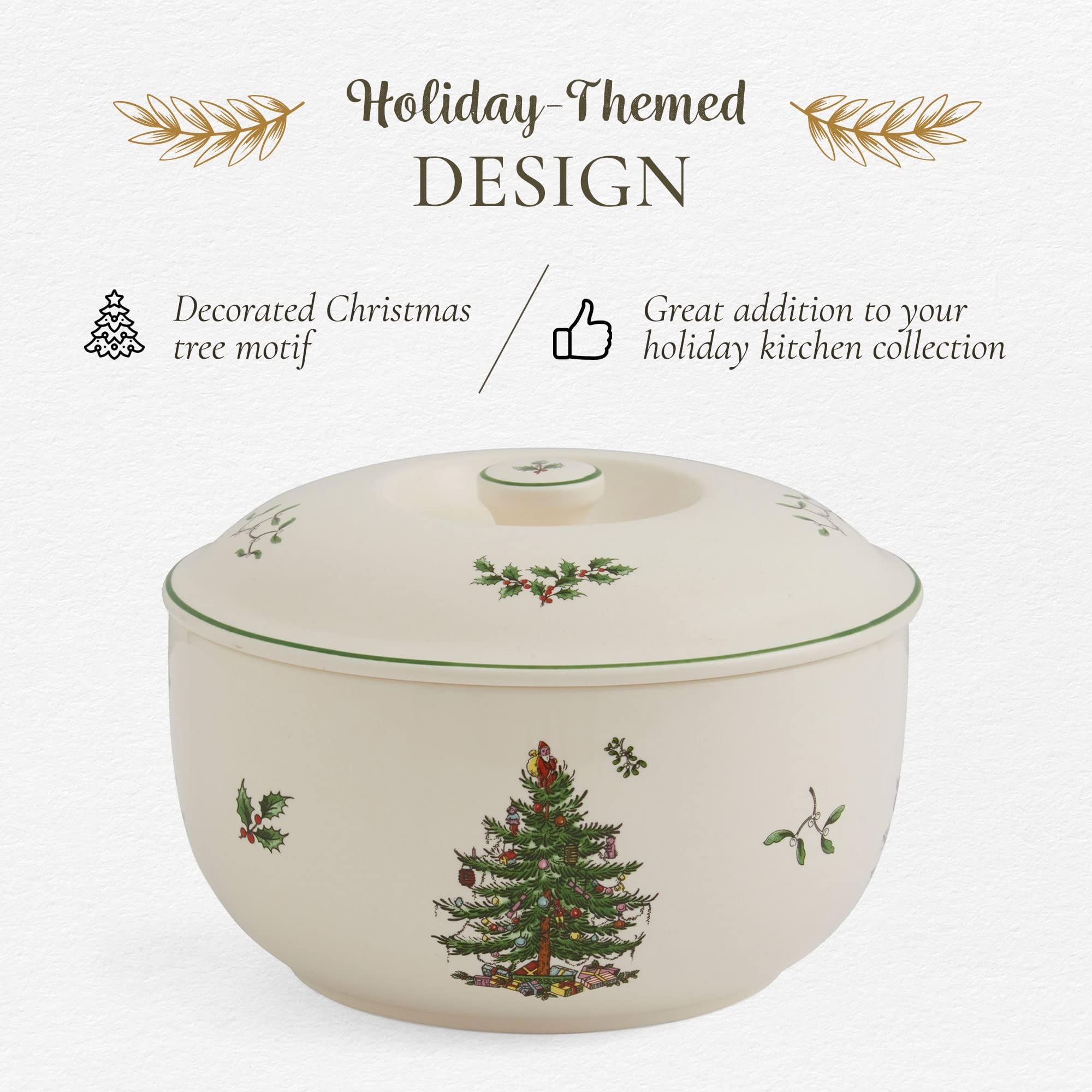 Spode Christmas Tree 1 Quart Round Casserole Dish with Lid - Stoneware Baking Dish for Holiday Desserts, Casseroles & Side Dishes - Oven, Microwave & Dishwasher Safe - Festive Holiday Serveware for Christmas Dinner, Thanksgiving & Family Gatherings