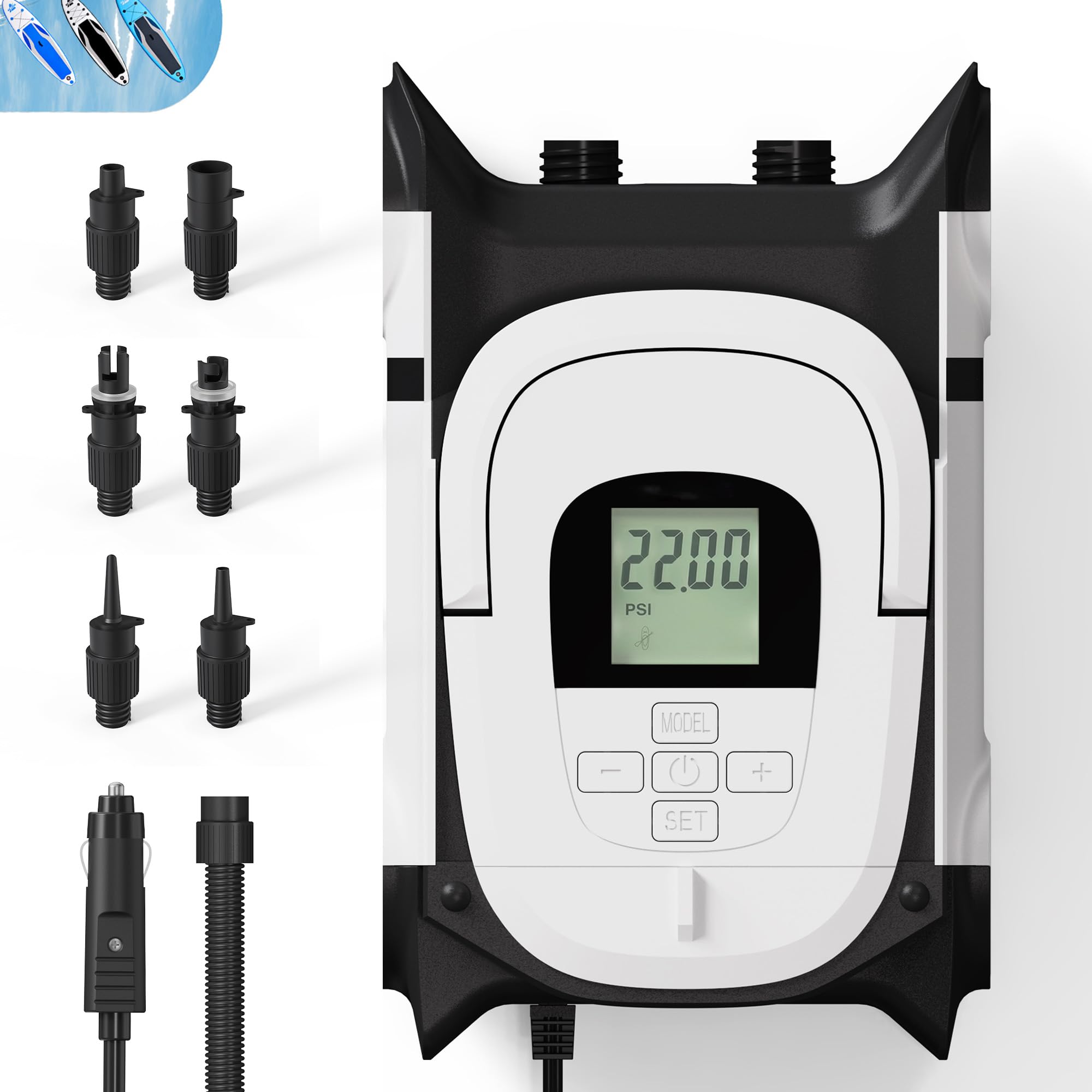 **Dual Motor Electric Air Pump for Inflatable SUP, Kayak & Boat - 22PSI High Pressure, Auto-Off Function, 12V DC Car Power Connector - Perfect for Beach, Lake & Outdoor Water Sports**