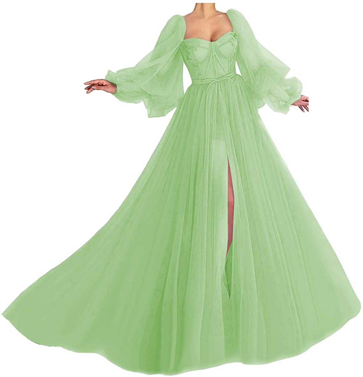 2021 Puffy Sleeve Prom Dress - Elegant Tulle Long Formal Evening Gown with Thigh High Slit | Perfect for Homecoming, Wedding Guest & Princess-Themed Parties