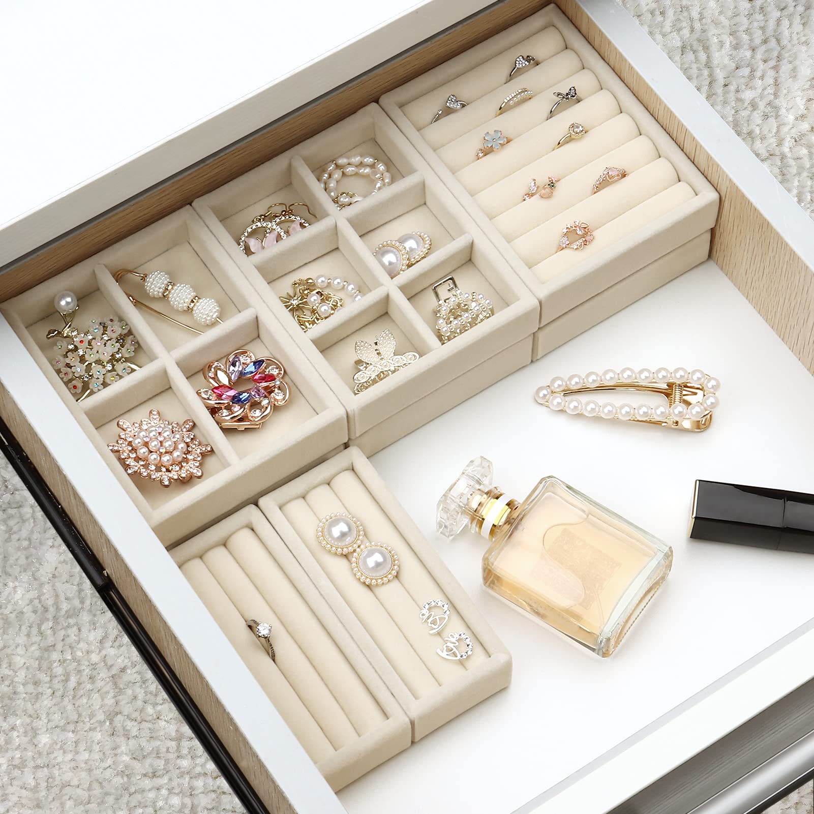 2-Piece Premium Velvet Jewelry Tray Organizer - Ring & Earring Display Holder with 8 Slots for Jewelry Box, Drawer, Dresser (Beige) | Perfect for Travel, Wedding Accessories & Vanity Organization
