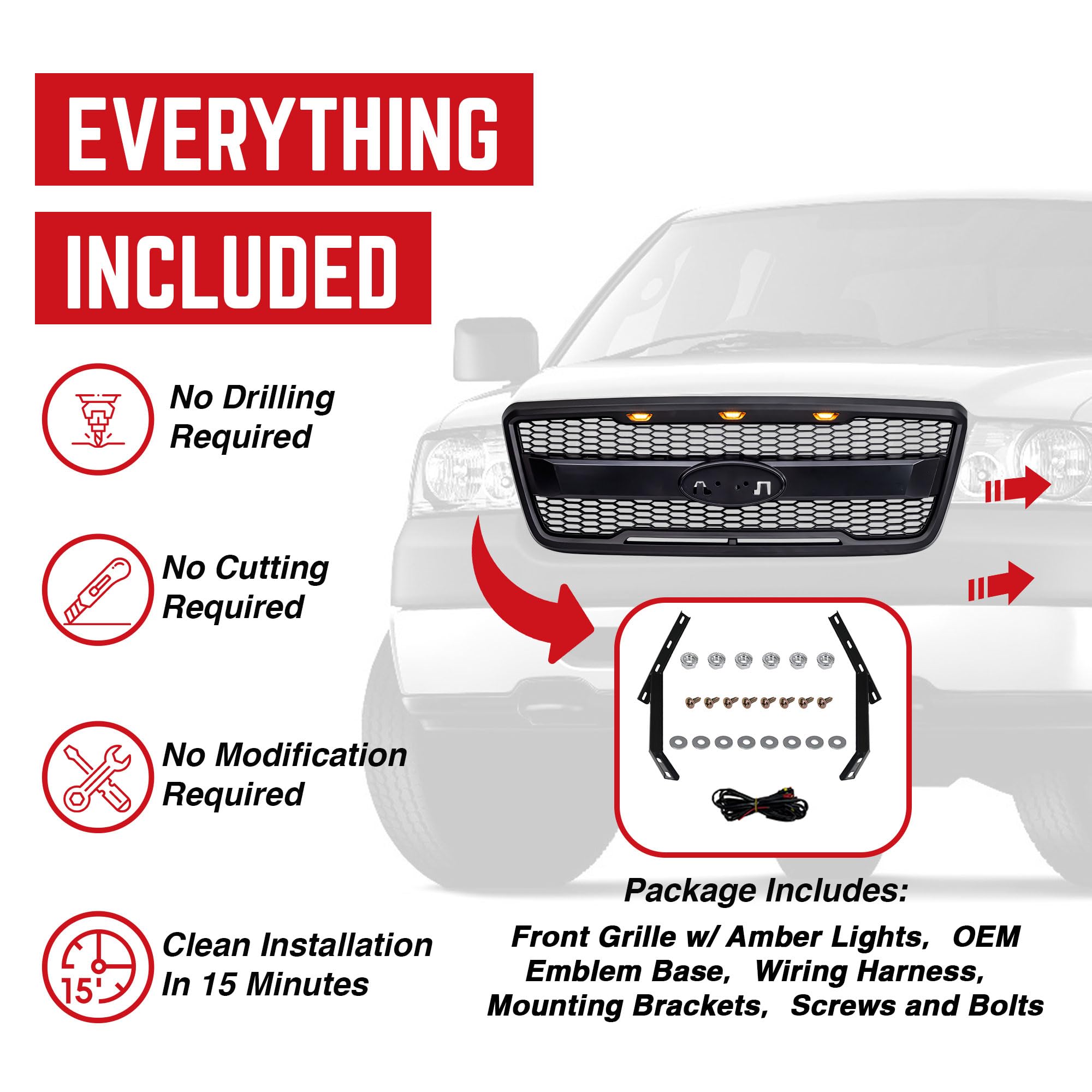 **2004-2008 Ford F150 Raptor Style Mesh Grille with Amber LED Lights & Emblem Base - Matte Black | Off-Road & Custom Truck Upgrade**