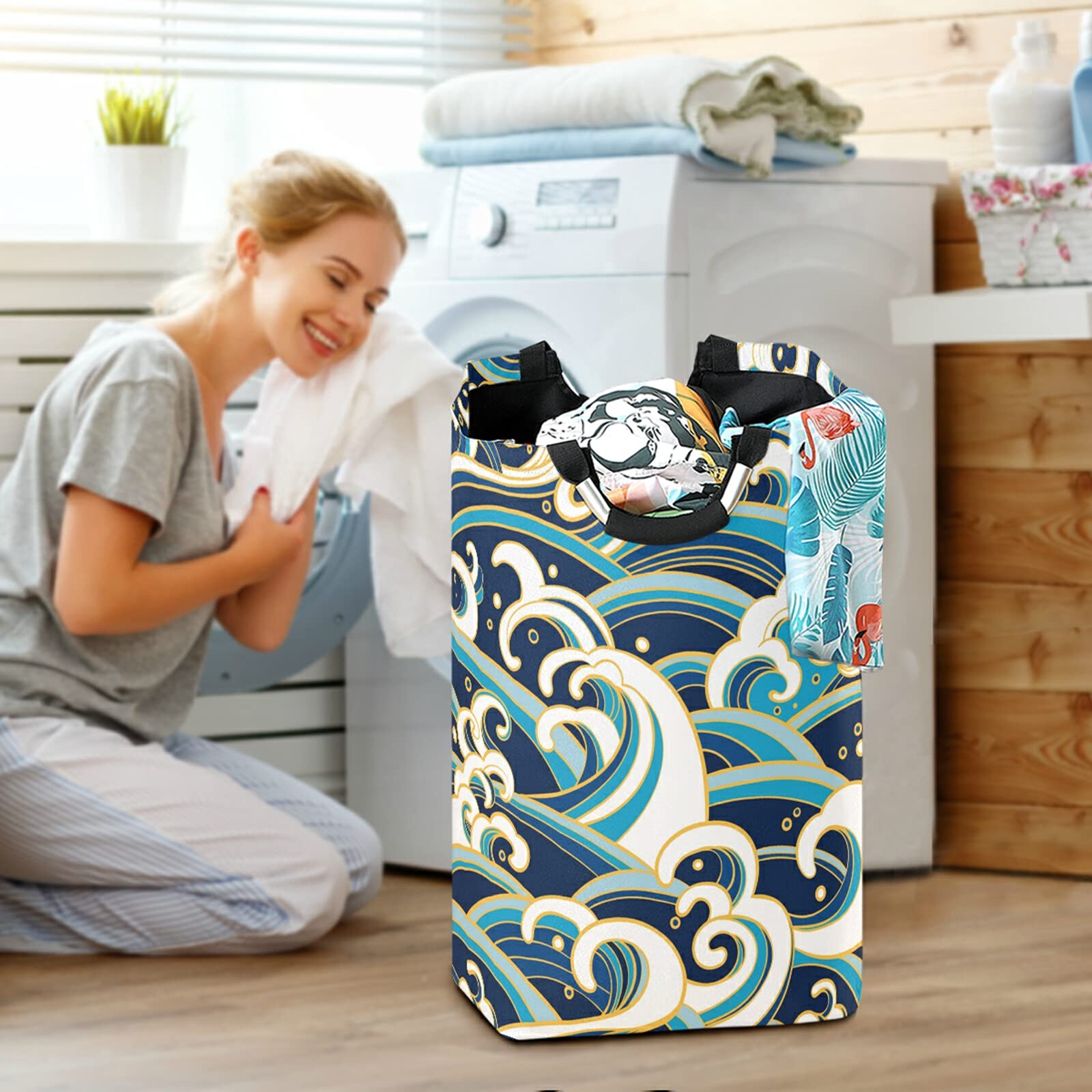 Retro Ocean Wave Laundry Basket - Waterproof Collapsible Clothes Hamper for Dirty Laundry | Large Durable Storage Organizer for Bedroom, Bathroom & Laundry Room