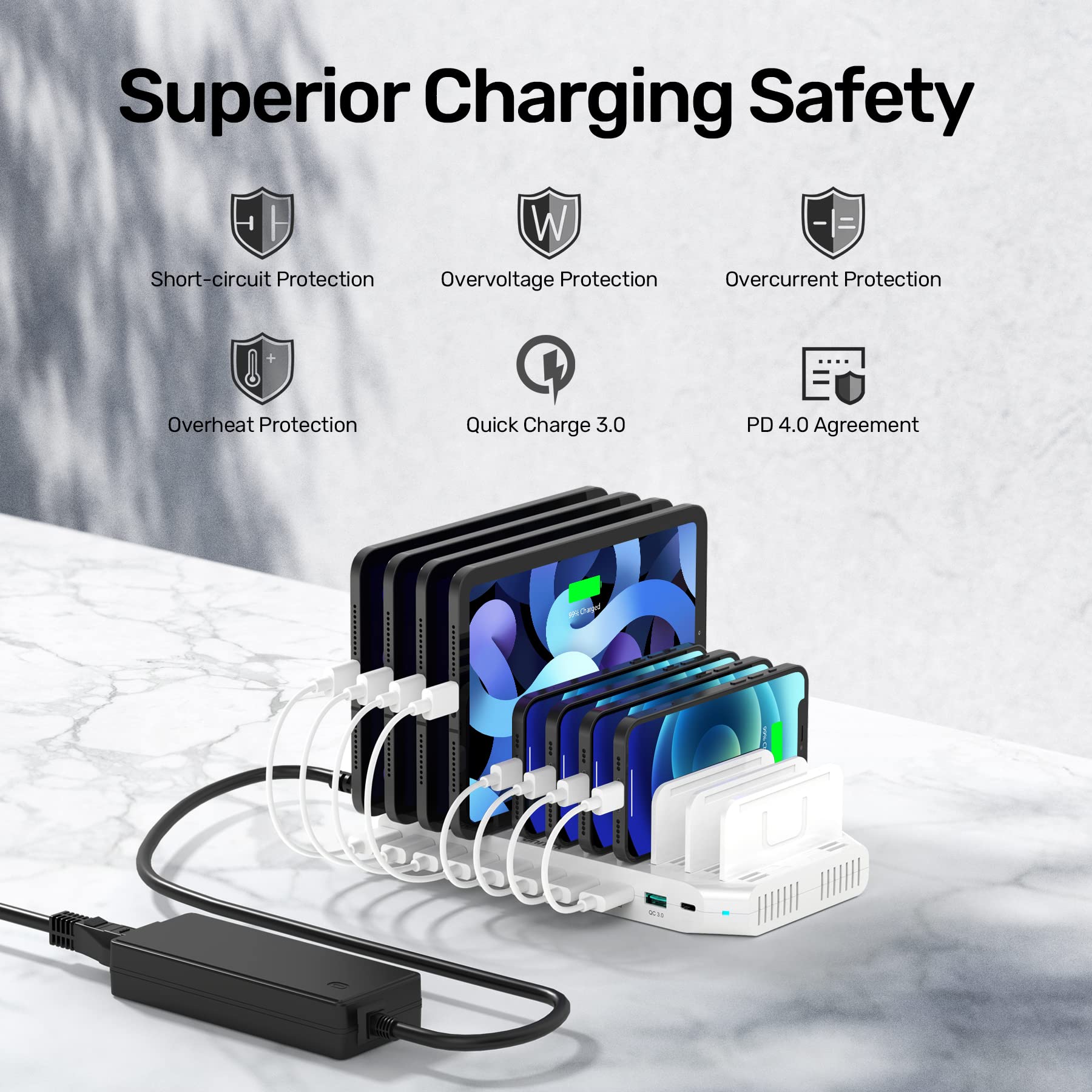 Unitek 160W 10-Port USB Fast Charging Station with 11 Adjustable Dividers - Perfect for Home, Office & Travel Multi-Device Charging