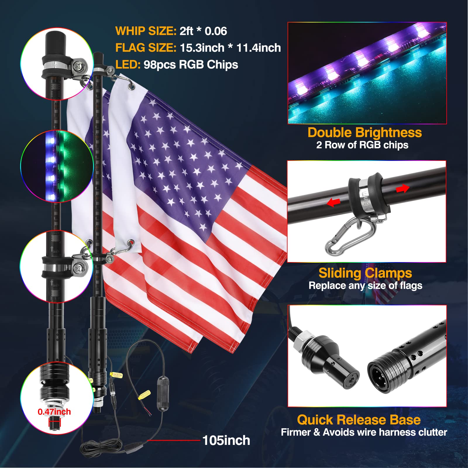 2FT LED Whip Rock Lights with Remote Control - Waterproof Off-Road Lighting for UTV, Jeep, Polaris RZR, Can-am & Ram Trucks | Perfect for Night Riding, Trail Adventures & Off-Road Vehicle Customization