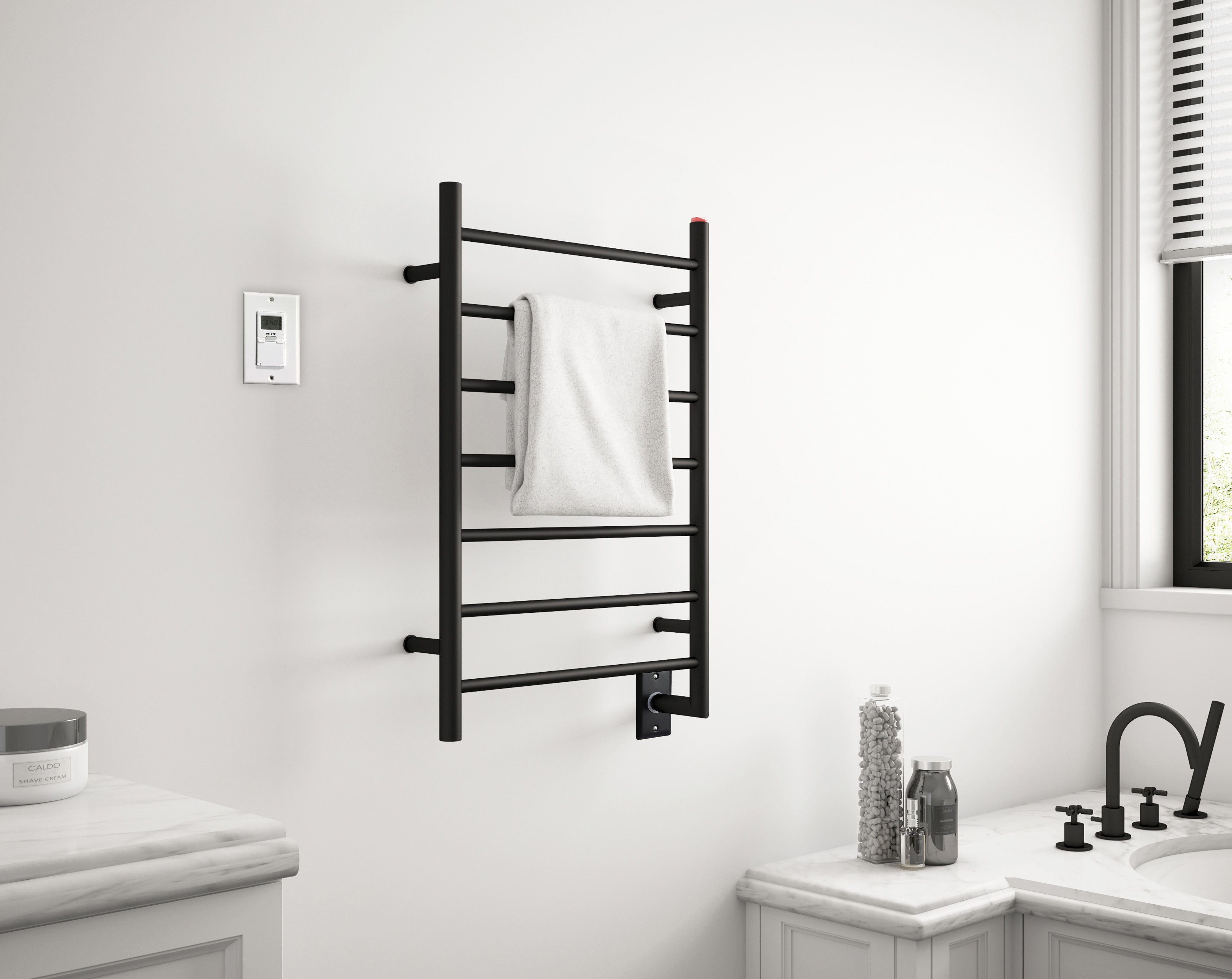 Matte Black Hardwired 7-Bar Towel Warmer with Wall Timer - Bathroom Luxury for Spa-Like Comfort at Home