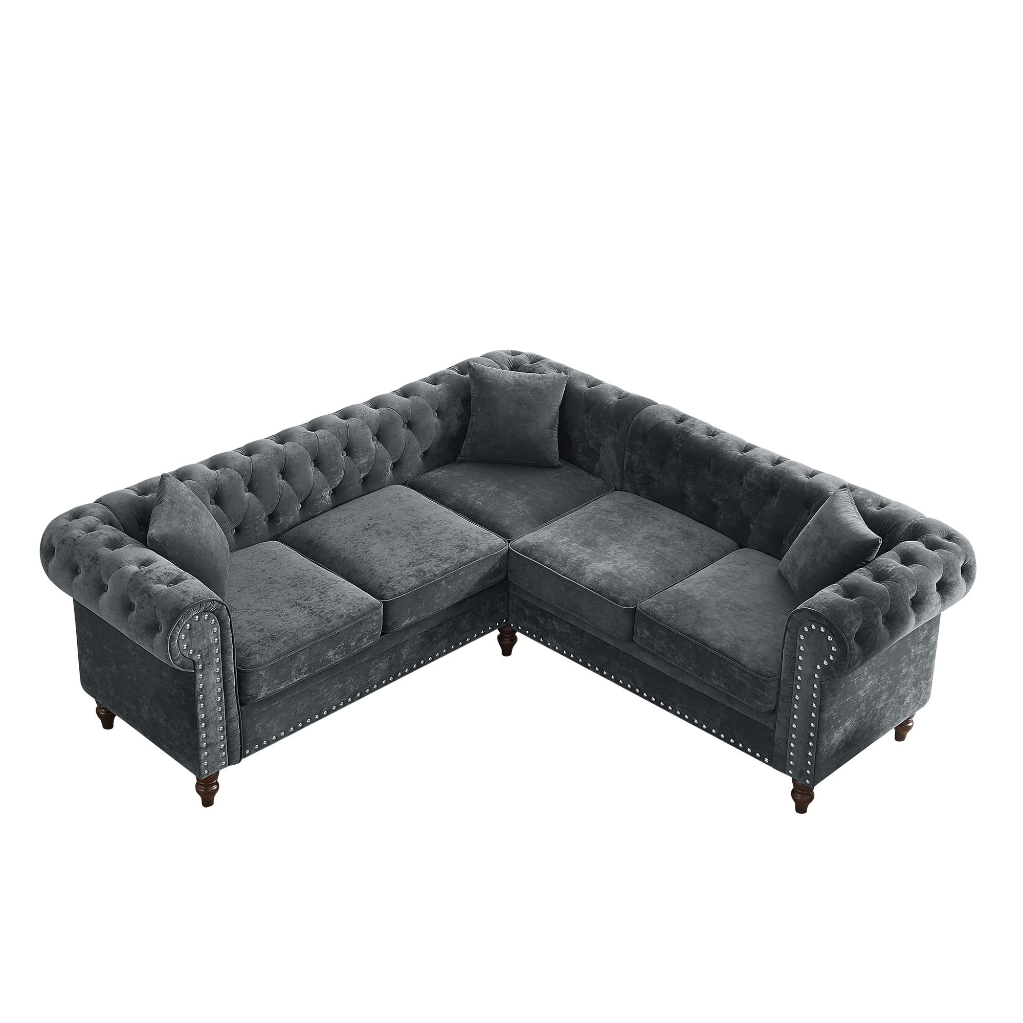 Yoglad 4-Seater Upholstered Chesterfield Sectional Sofa - Velvet L-Shaped Couch with Rolled Arms & Villose Pillows, 80