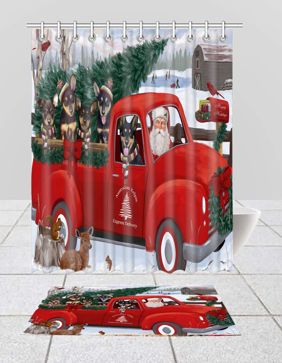 Gingerbread Cookie Shop Cockapoo Dogs Shower Curtain and Bath Mat Set - Anti-Slip Bathroom Decor, Plush Polyester Rug with Hooks (Mat 16x28 inches, Curtain 69x70 inches) - Perfect for Holiday Bathroom Decor and Dog Lover Gifts