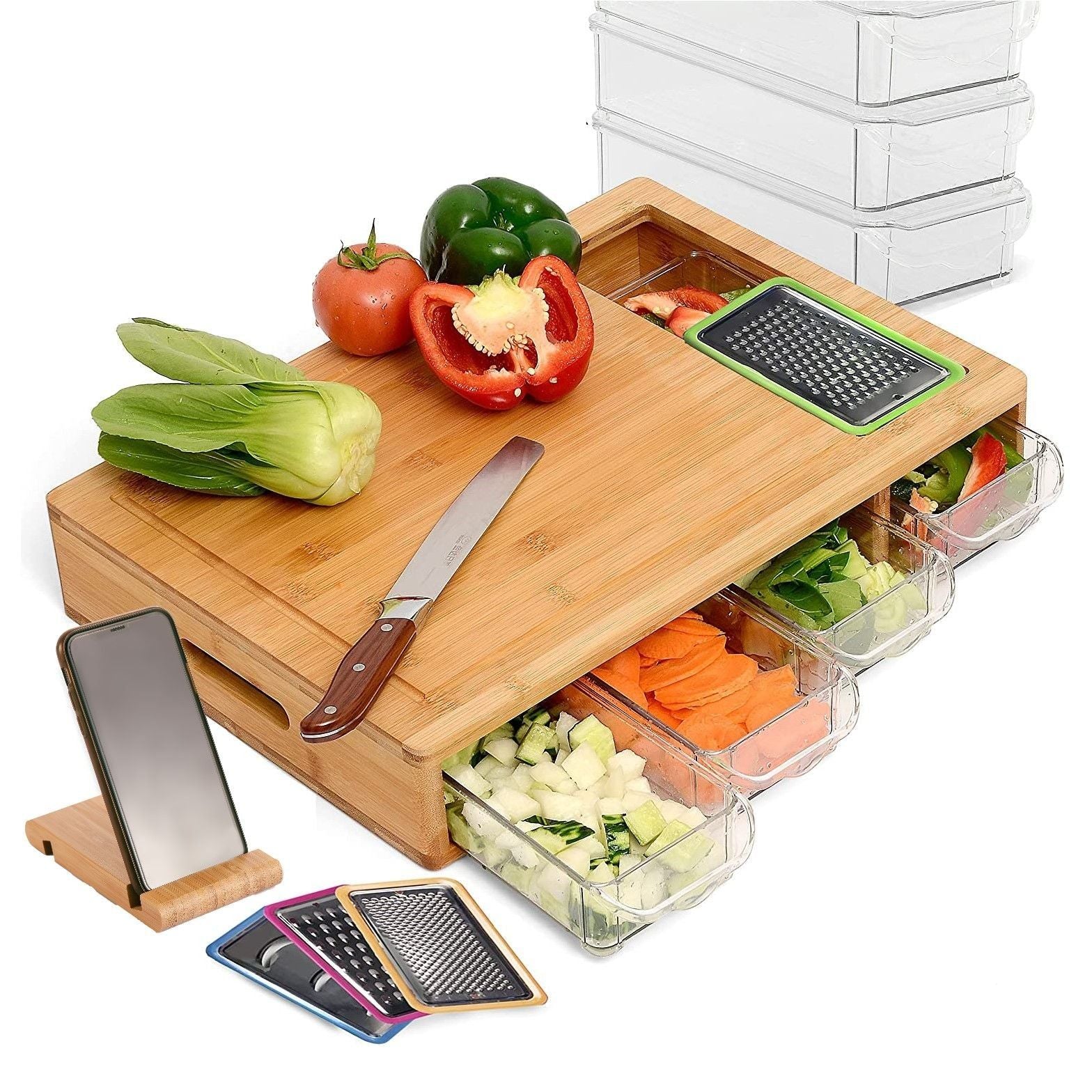 Premium Large Bamboo Cutting Board Set with 4 Airtight Containers & Mobile Holder - Eco-Friendly Kitchen Organizer for Meal Prep, Cooking & Entertaining