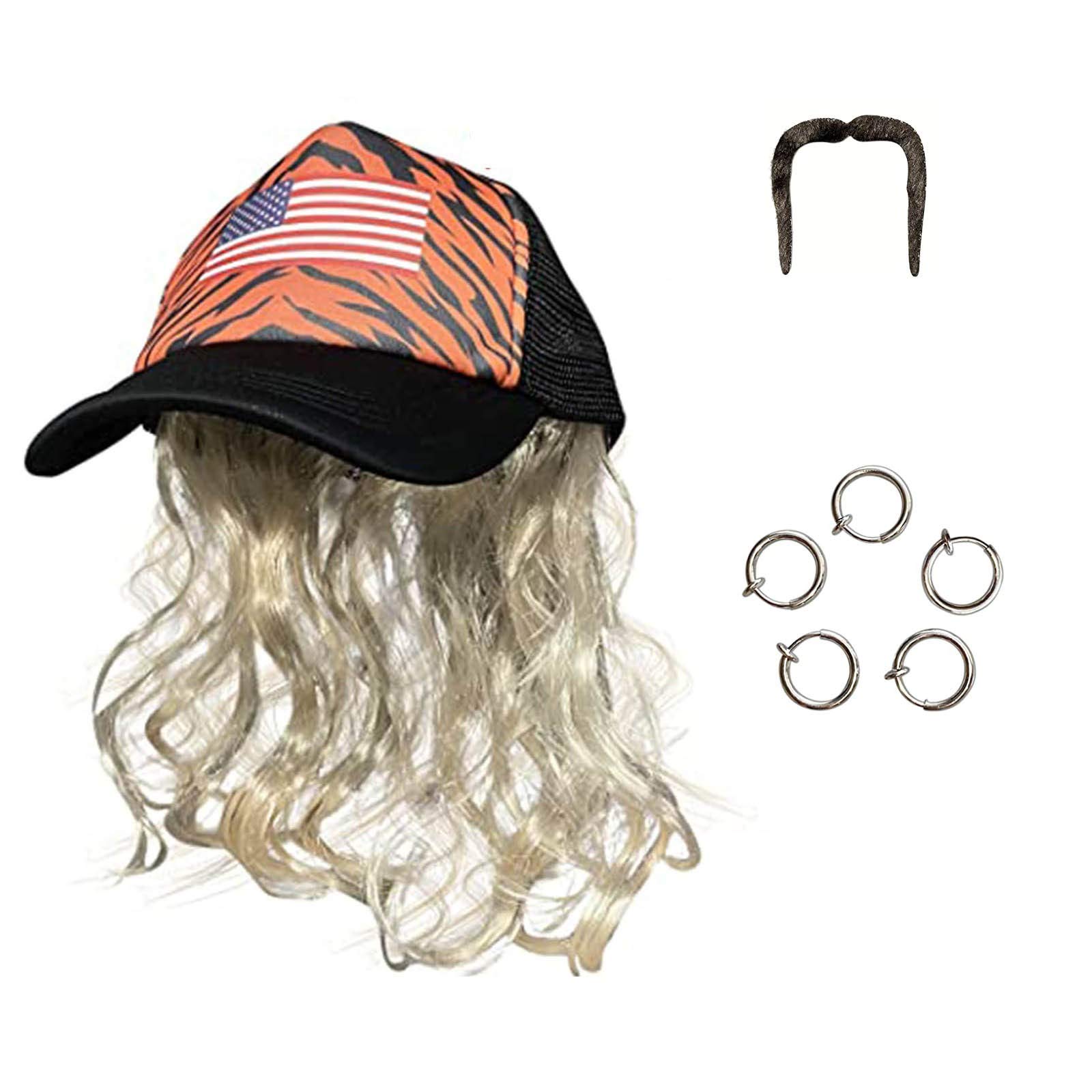 Blonde Cosplay Wig with Mustache & Exotic Earrings - Adjustable Baseball Cap & Headband for Adults & Kids - Perfect for Halloween, Costume Parties & Themed Events