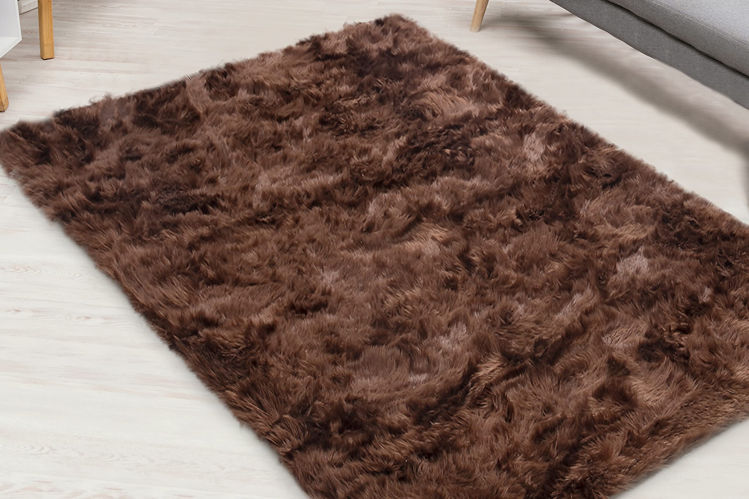 6x9 ft Soft Faux Fur Area Rug - Brown Fluffy Sheepskin Rug for Living Room, Bedroom, Nursery | Machine Washable Non-Slip Rectangle Rug for Cozy Home Decor & Kids Room