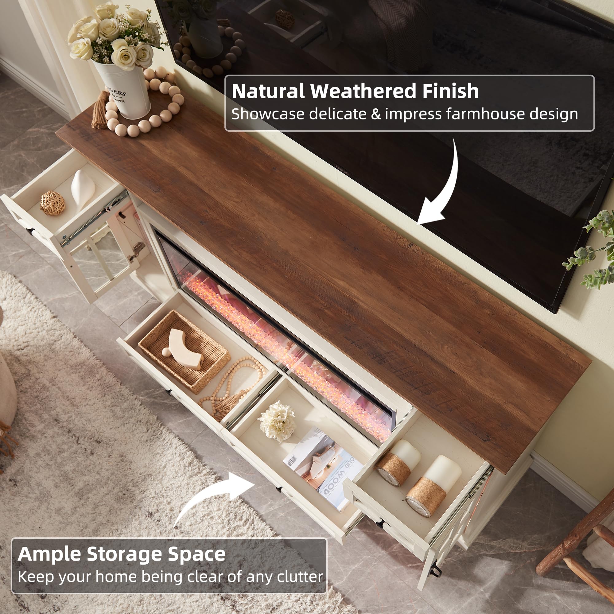 Farmhouse TV Stand with Fireplace for 80