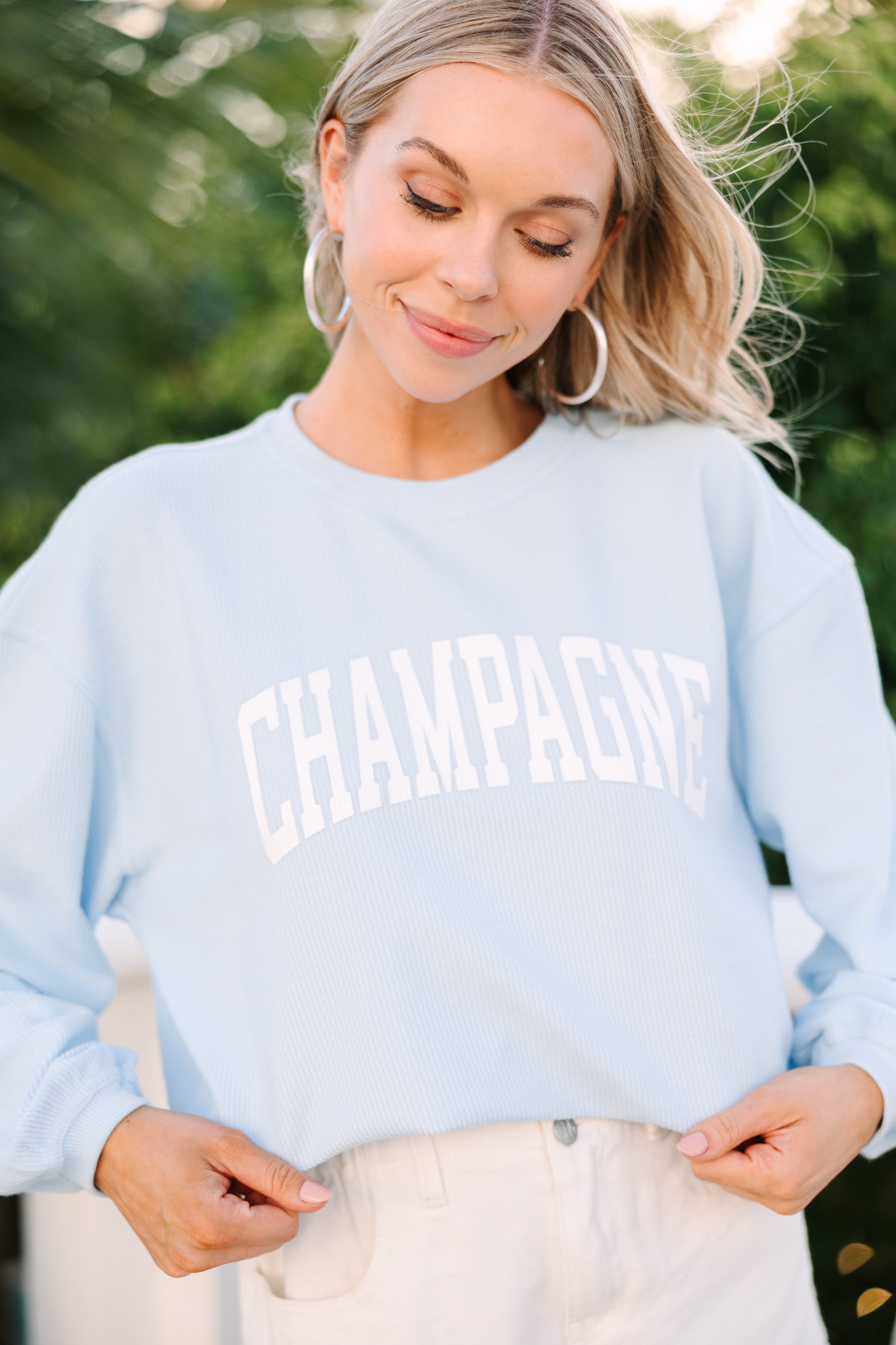 Light Blue Graphic Print Hooded Sweatshirt for Women | Soft Cotton Pullover with Drawstring | Perfect for Casual Wear, Street Style & Loungewear