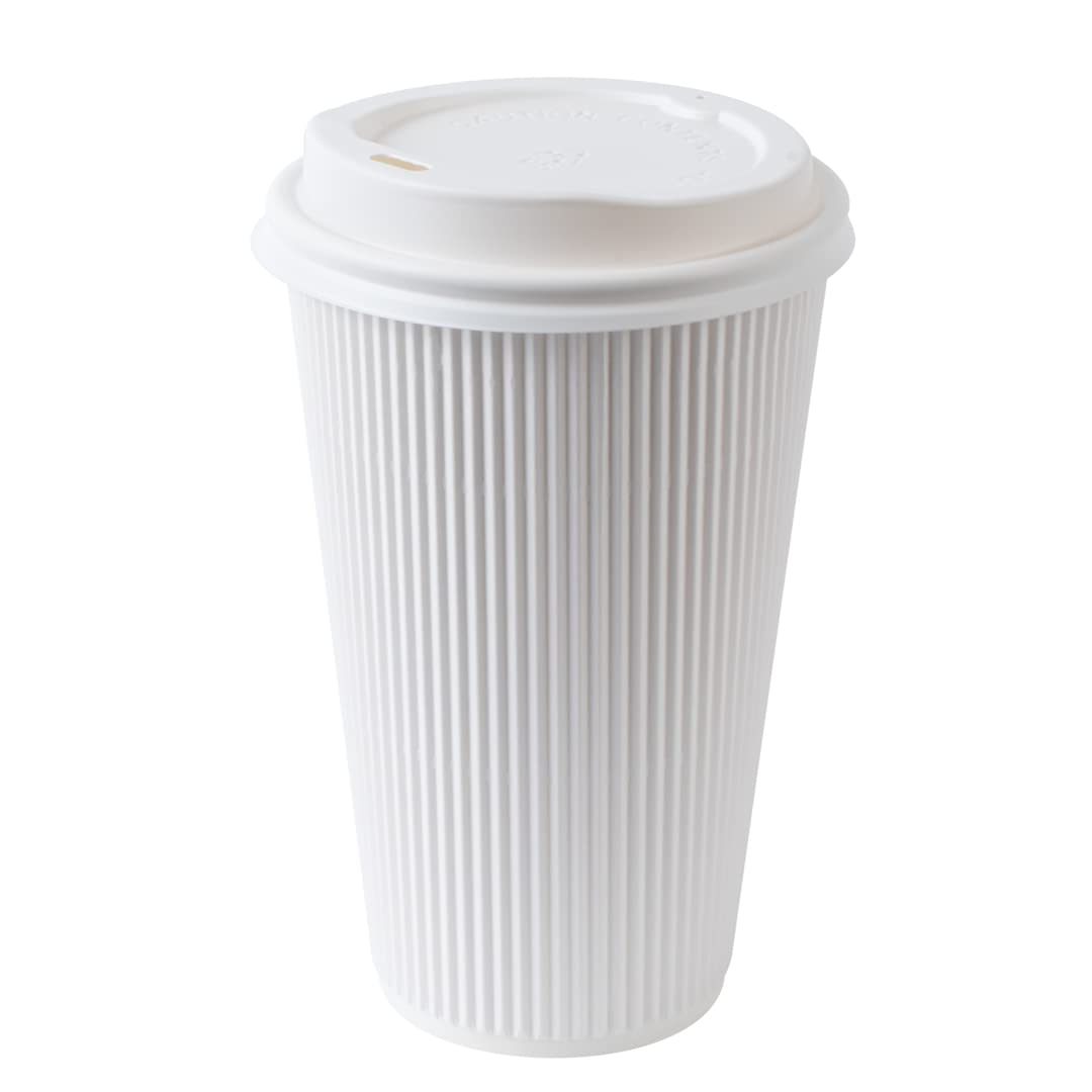 Restaurantware 16oz Insulated Coffee Cups with Lids - 20 Pack Leakproof Ripple Wall Hot Drink Cups | Eco-Friendly Disposable White Paper Cups for Coffee, Tea, Hot Chocolate & Lattes | Perfect for Cafes, Offices & Home Use