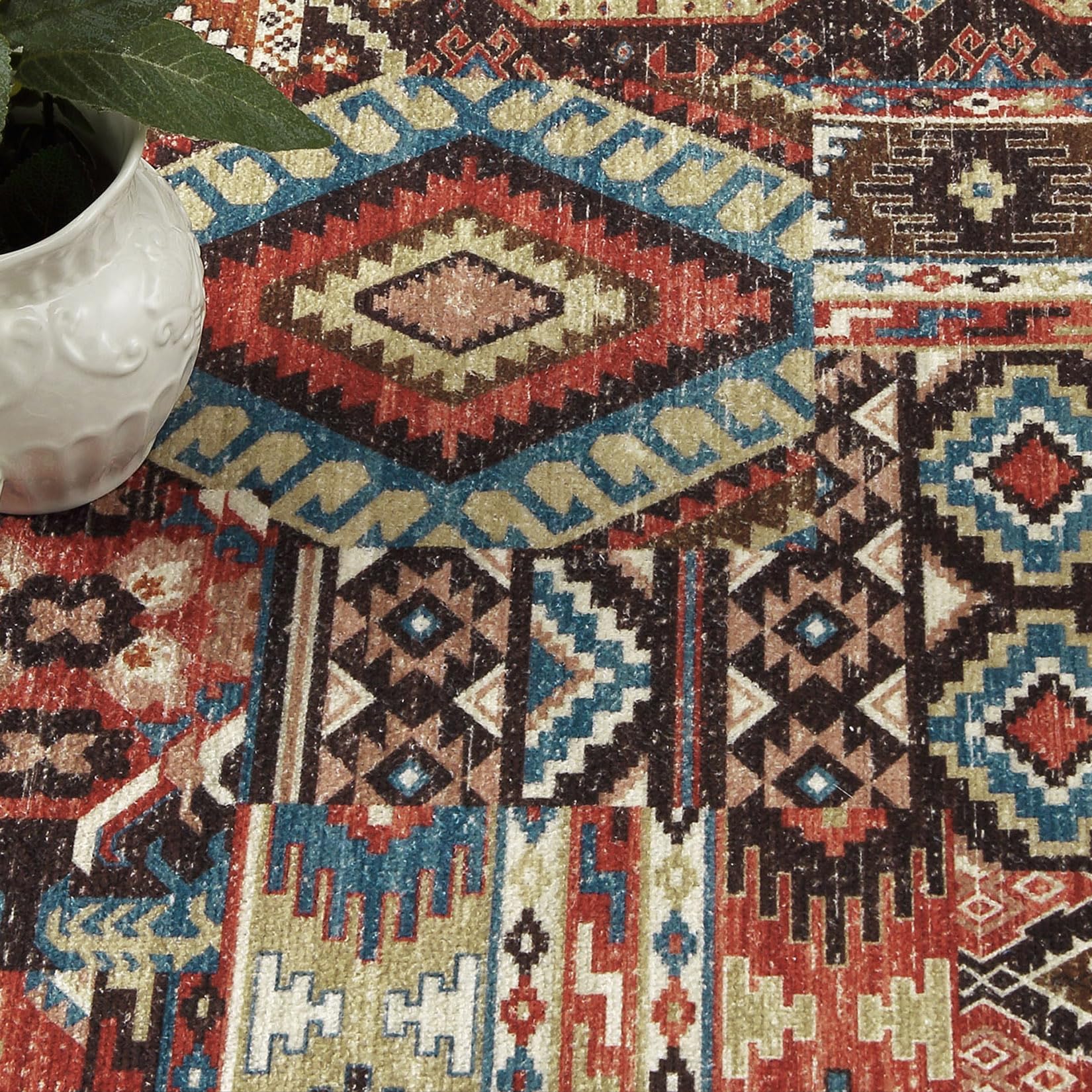 GARVEE 2x3 Washable Non-Slip Chenille Rug - Farmhouse Style Low Pile Entryway Mat for Kitchen, Bathroom, Bedside & Front Door - Brown Tribal Design | Perfect for High-Traffic Areas, Pet-Friendly & Easy Cleaning
