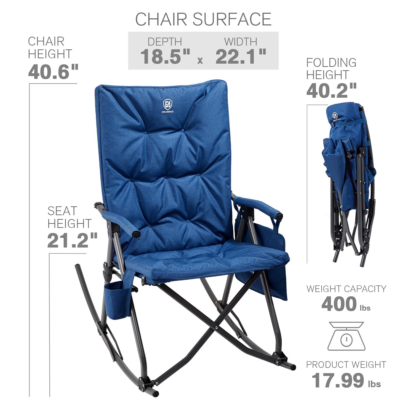 EVER ADVANCED Oversized Folding Rocking Camping Chair - Heavy Duty 400lbs Capacity Padded Portable Rocker for Adults - Perfect for Patio, Lawn, Beach, Backyard & Outdoor Relaxation