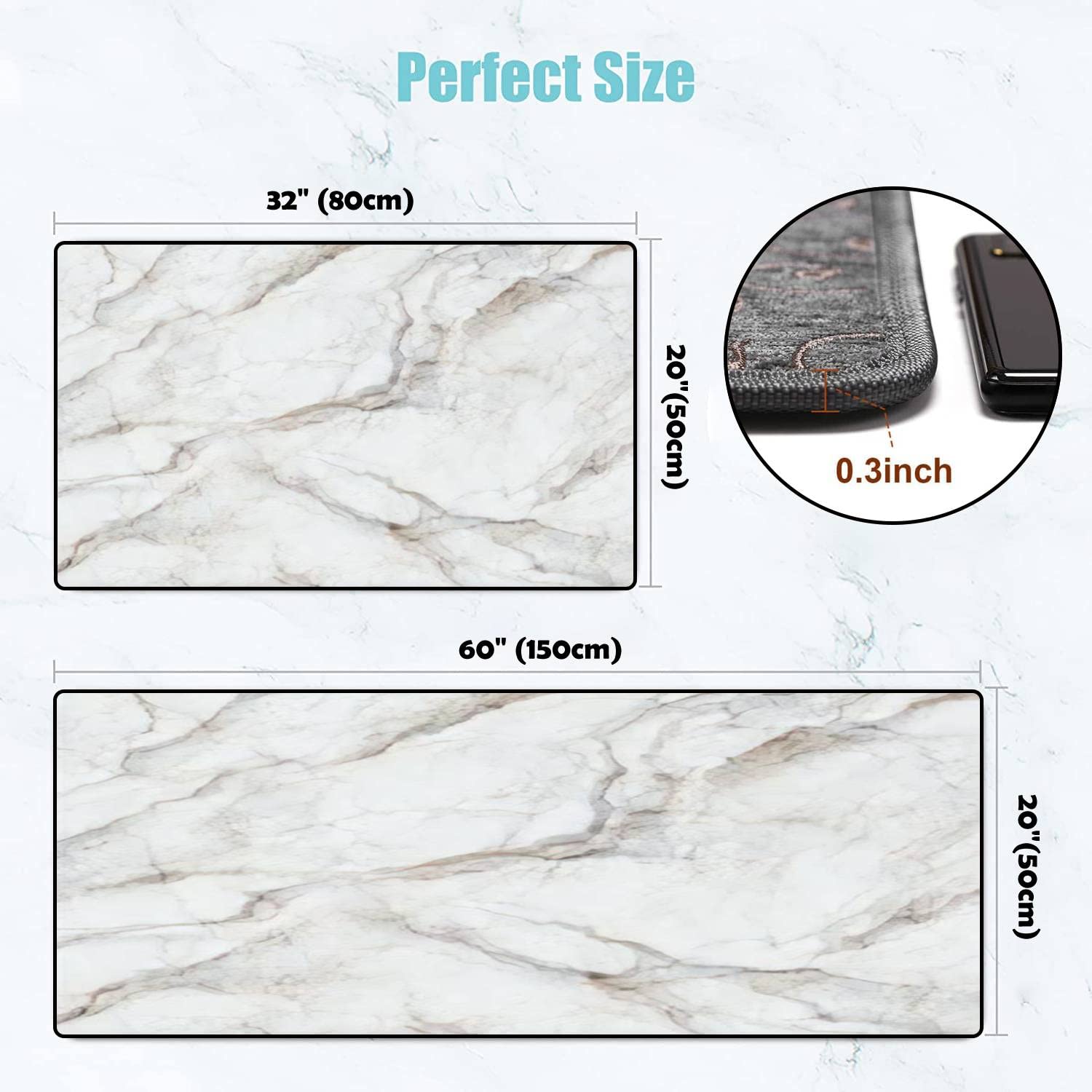 Non-Slip Washable Kitchen Rugs Set - Abstract Marbling Texture White Marble with Grey Beige Veins - Anti-Fatigue Floor Mats for Cooking & Standing Comfort - Perfect for Kitchen, Bathroom & Entryway Decor