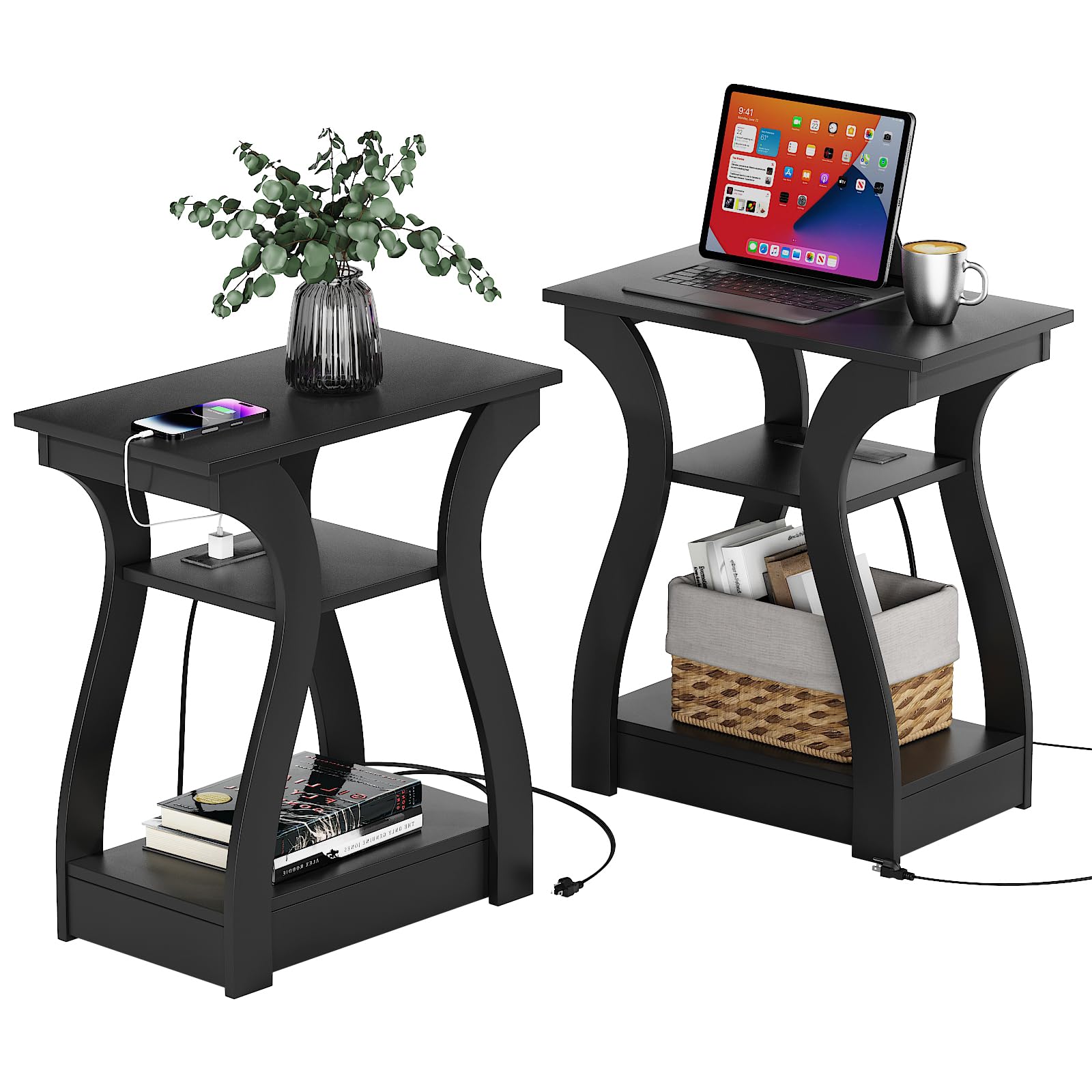 2-Piece End Table Set with Charging Station - USB Ports & Outlets, 3-Tier Nightstand with Storage Shelf for Living Room & Bedroom (Black) - Perfect for Small Spaces, Apartments, and Modern Home Decor