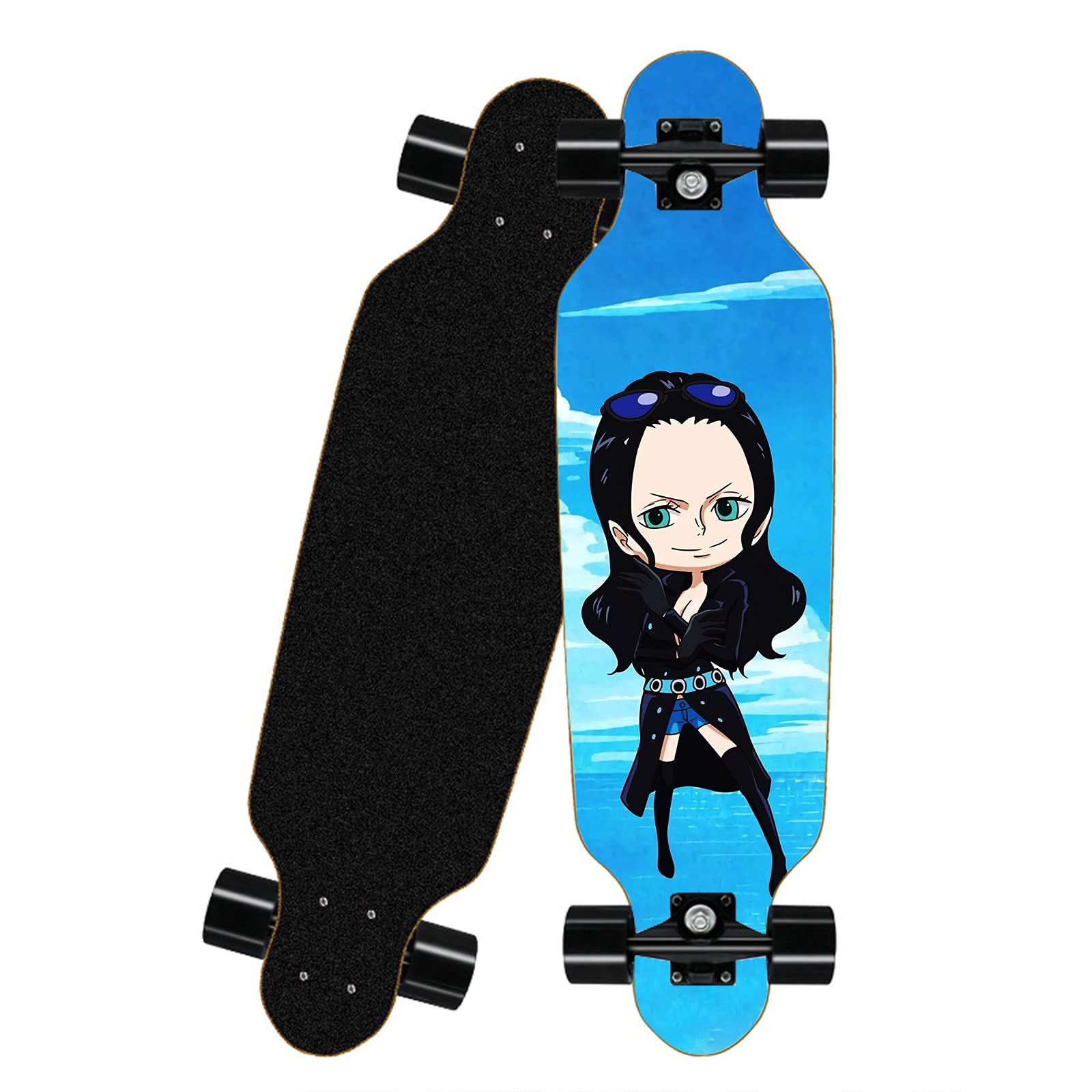 Chengnuo 31 Inch Anime ONE Piece Mini Longboard - 8 Layer Maple Deck Complete Skateboard for Girls & Boys - Blue - Perfect for Commuting, Cruising & Street Skating
