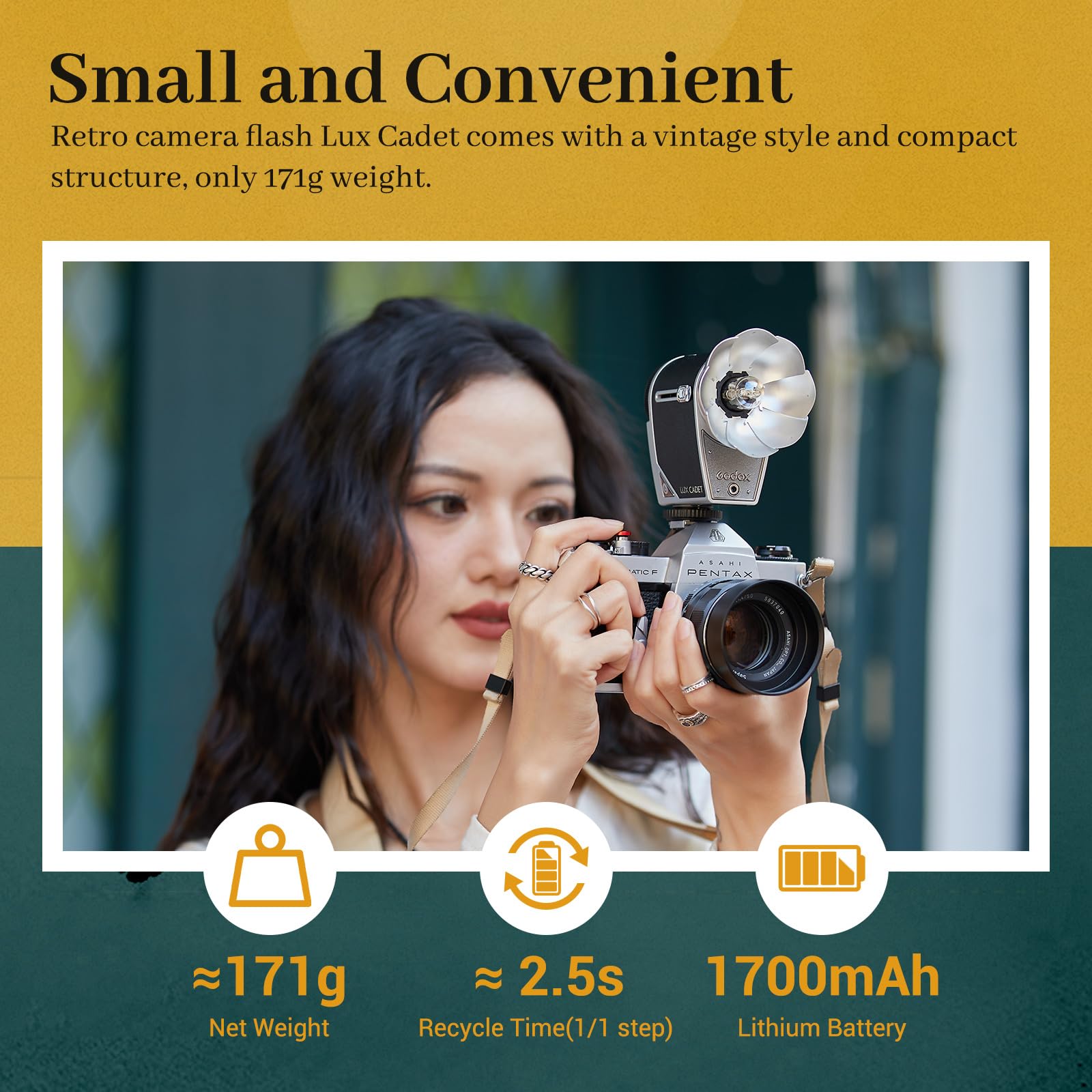 Godox Lux Cadet Retro Camera Flash - 6200K GN10, 1/1-1/64 Power in 7 Steps, 3.7V/1700mAh Lithium Battery, 28mm Focal Length - Compatible with Canon, Sony, Nikon, Fuji, Olympus DSLR & Mirrorless Cameras - Perfect for Portrait, Wedding & Event Photography