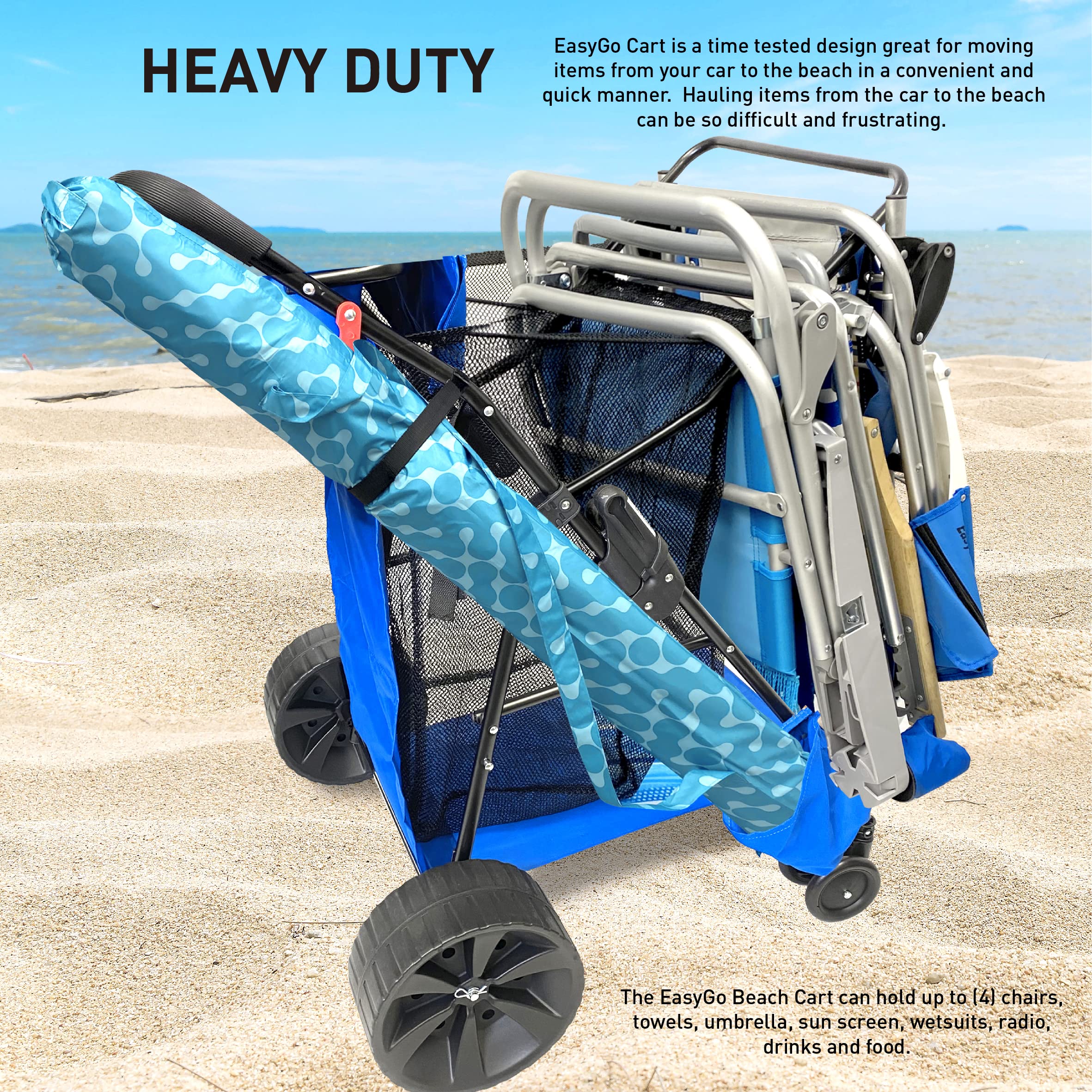 EasyGo Heavy Duty Folding Beach Cart with Large Sand Wheels - Holds 4 Chairs, Storage Pouch & Umbrella Holder - Blue | Perfect for Beach Trips, Camping, Picnics & Outdoor Adventures
