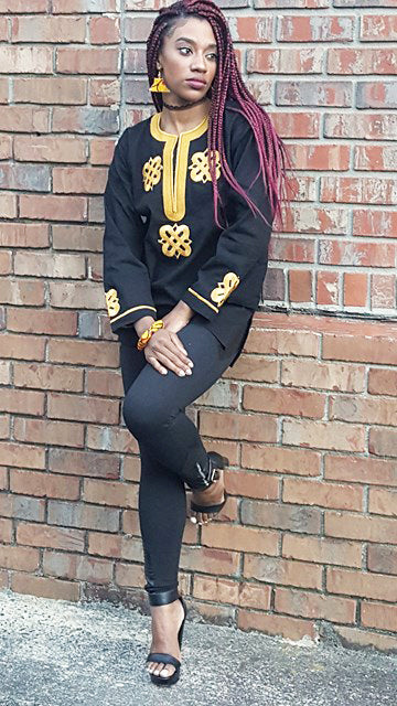 Black Dashiki with Gold Embroidery DP3801 | African Print Shirt for Men & Women | Perfect for Cultural Events, Weddings & Festivals