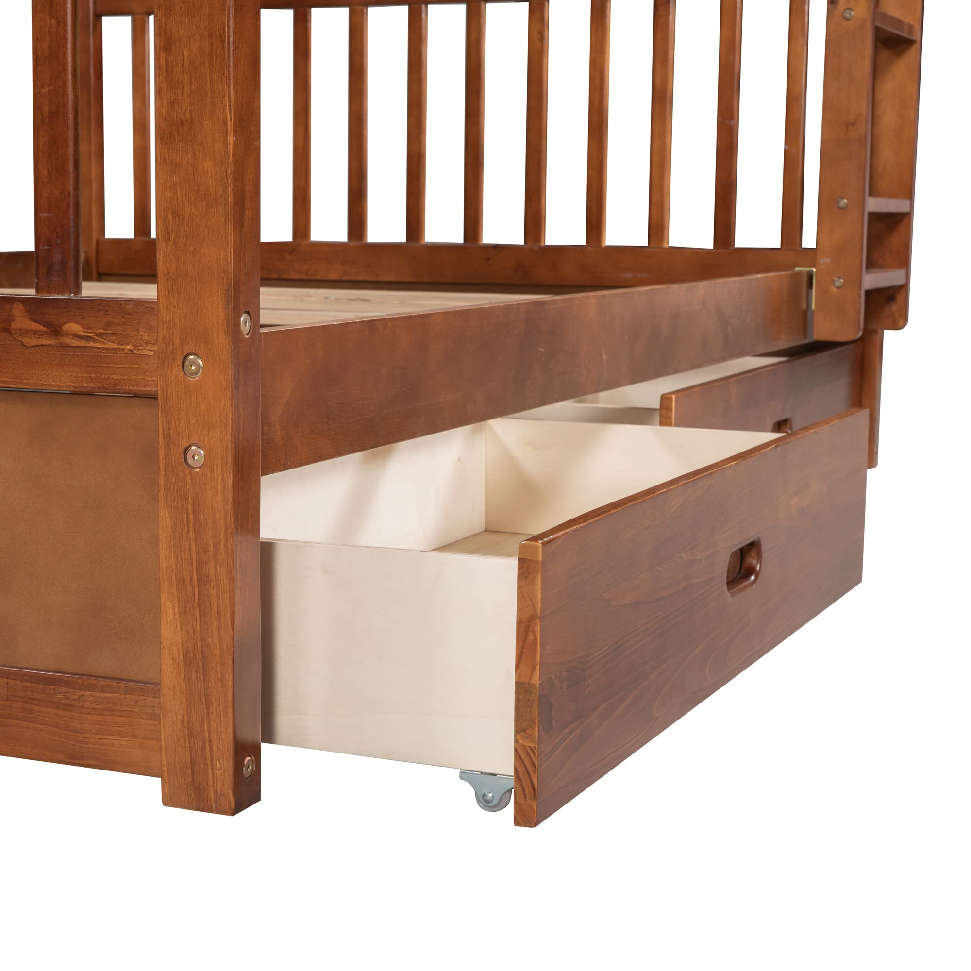 Harper & Bright Designs Full Bunk Beds with Storage Drawers - Solid Wood Full Over Full Bunk Bed Frame with Ladders & Safety Rail for Kids, Teens, Adults (Walnut) - Perfect for Small Bedrooms, Guest Rooms & Kids' Shared Spaces