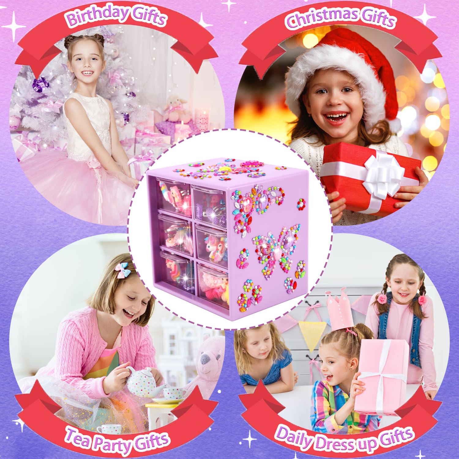 51 Pcs Girls Jewelry Set for Toddlers Ages 3-10 - Clip on Earrings, Adjustable Rings & Hair Clips - Princess Dress Up Toys for Birthday & Christmas Gifts - Perfect for Pretend Play, Tea Parties & Dress Up Games