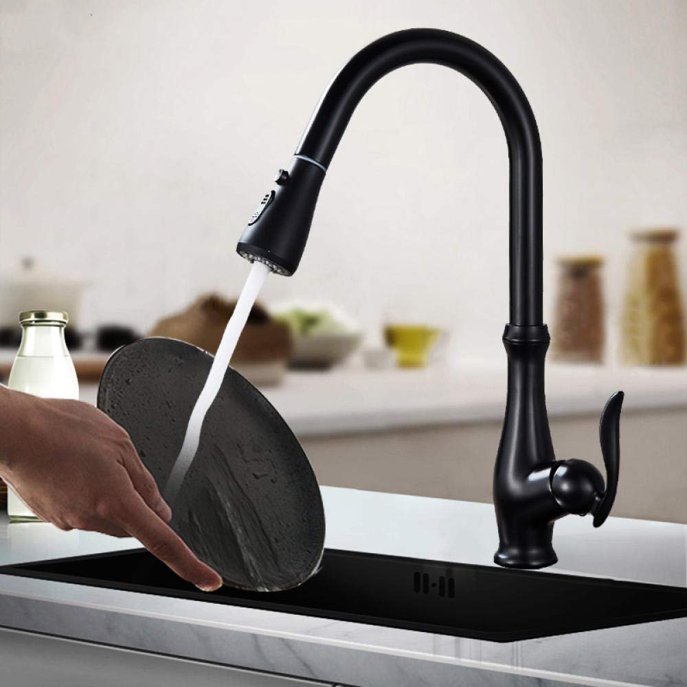 Blackened Brass Pull-Out Kitchen Faucet with 2-Way Sprayer - 360° Swivel Single Handle Mixer Tap for Sink - Perfect for Modern Kitchens & Bar Prep Areas