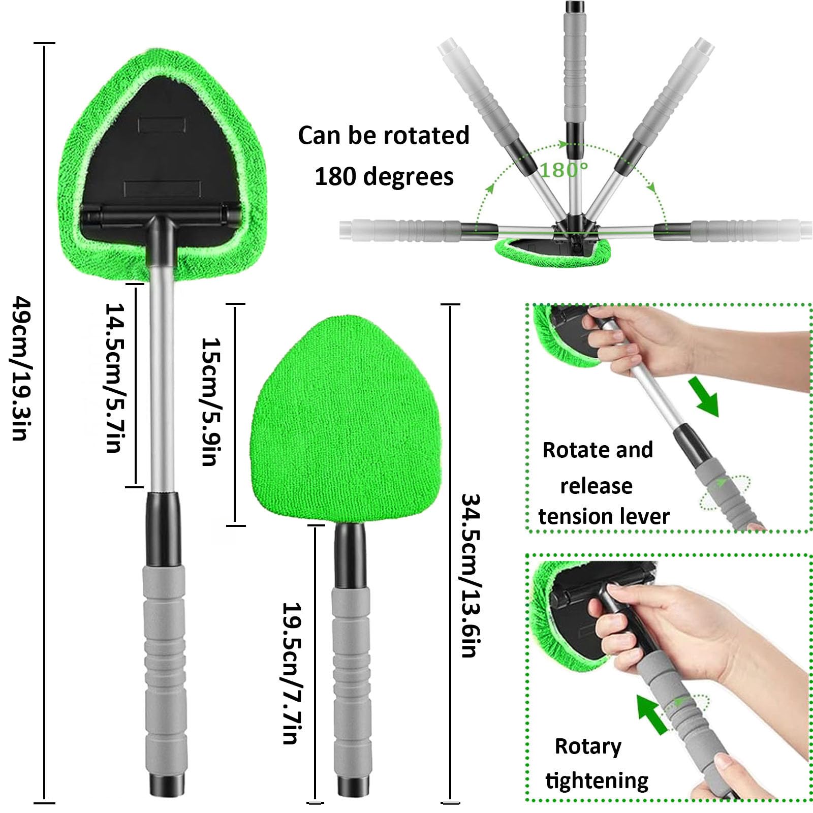 Premium Windshield Cleaning Tool - Car Window Cleaner with 4 Washable Microfiber Pads & Extendable Handle - Auto Glass Wiper Kit for Interior/Exterior Cleaning (Green) - Perfect for Cars, Trucks, SUVs and RVs