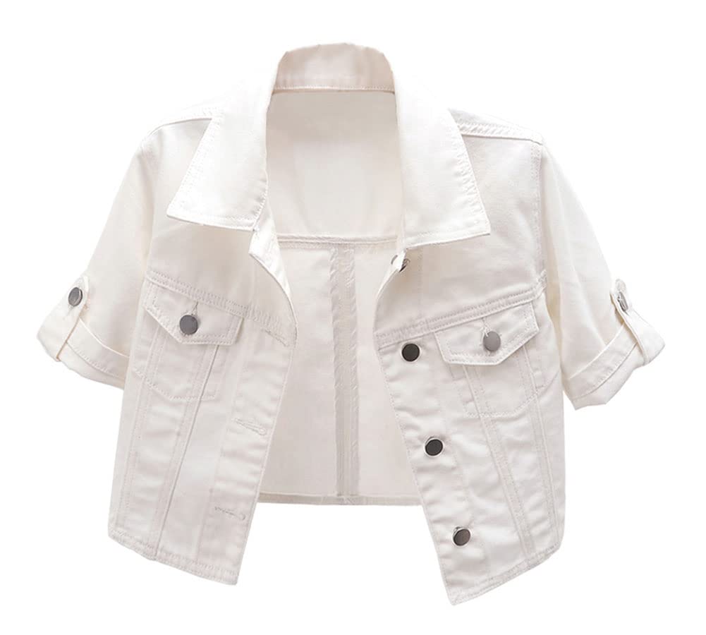 LifeShe Women's 3/4 Sleeve Denim Jacket - Roll Up Sleeve Cropped Jean Jacket with Waffle Knit Lining | Casual Spring & Fall Outerwear for Street Style & Layering