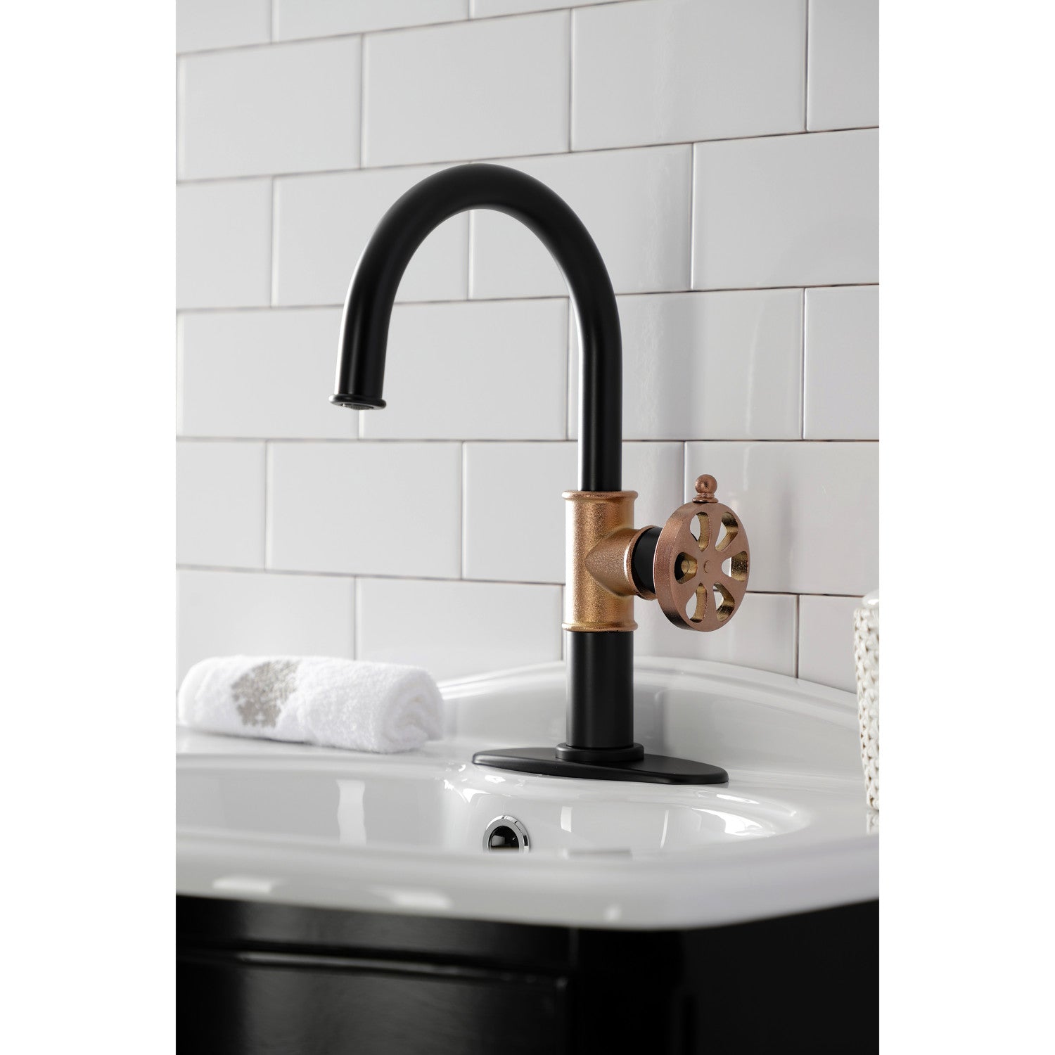 Belknap KSD2237RX Single Handle 1-Hole Bathroom Sink Faucet with Deck Plate & Push Pop-Up Drain - Matte Black/Rose Gold Finish for Modern Vanities & Powder Rooms