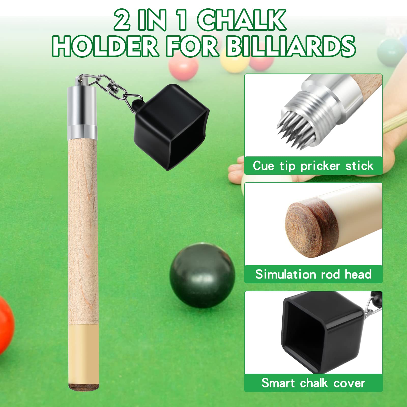 2 in 1 Portable Pick Pocket Chalk Cover & Tip Pricker Prep Tool - Billiard Cue Snooker Accessory, Pool Stick Chalk Holder (3 Models Available) for Professional & Home Game Use