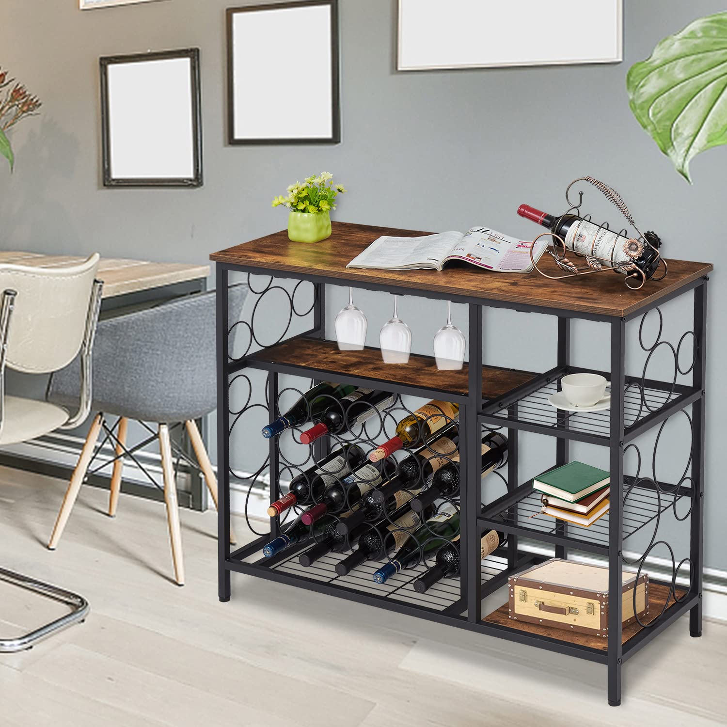 Kinbor Wooden Wine Rack Table with Glass Holder - Wine Bar Cabinet & Liquor Buffet Storage Cabinet in Brown | Perfect for Home Bars, Dining Rooms & Entertaining Spaces